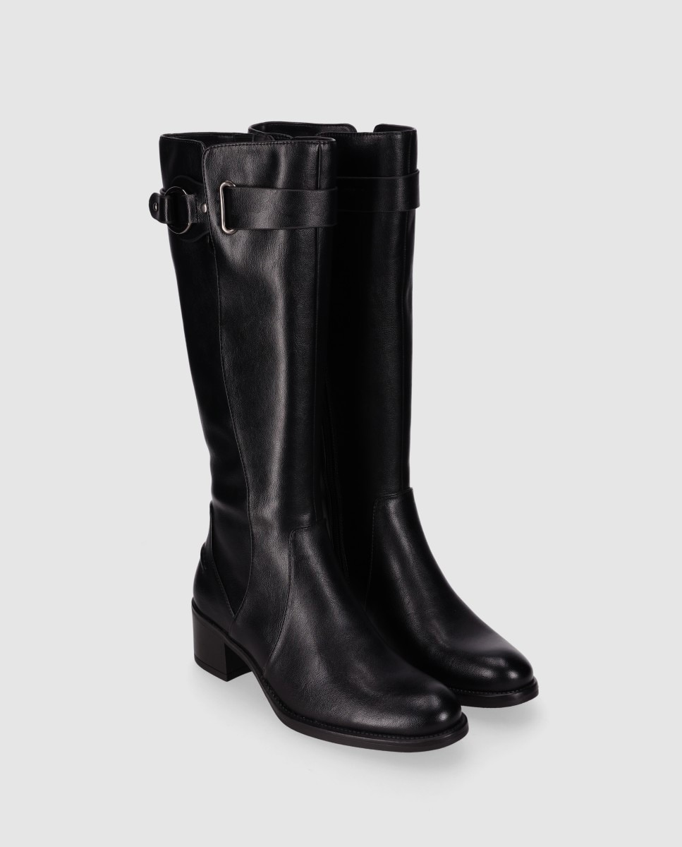 Botas básicas de mujer de tacón medio con puntera redonda y caña alta - Chika10 - Negro Negro-2