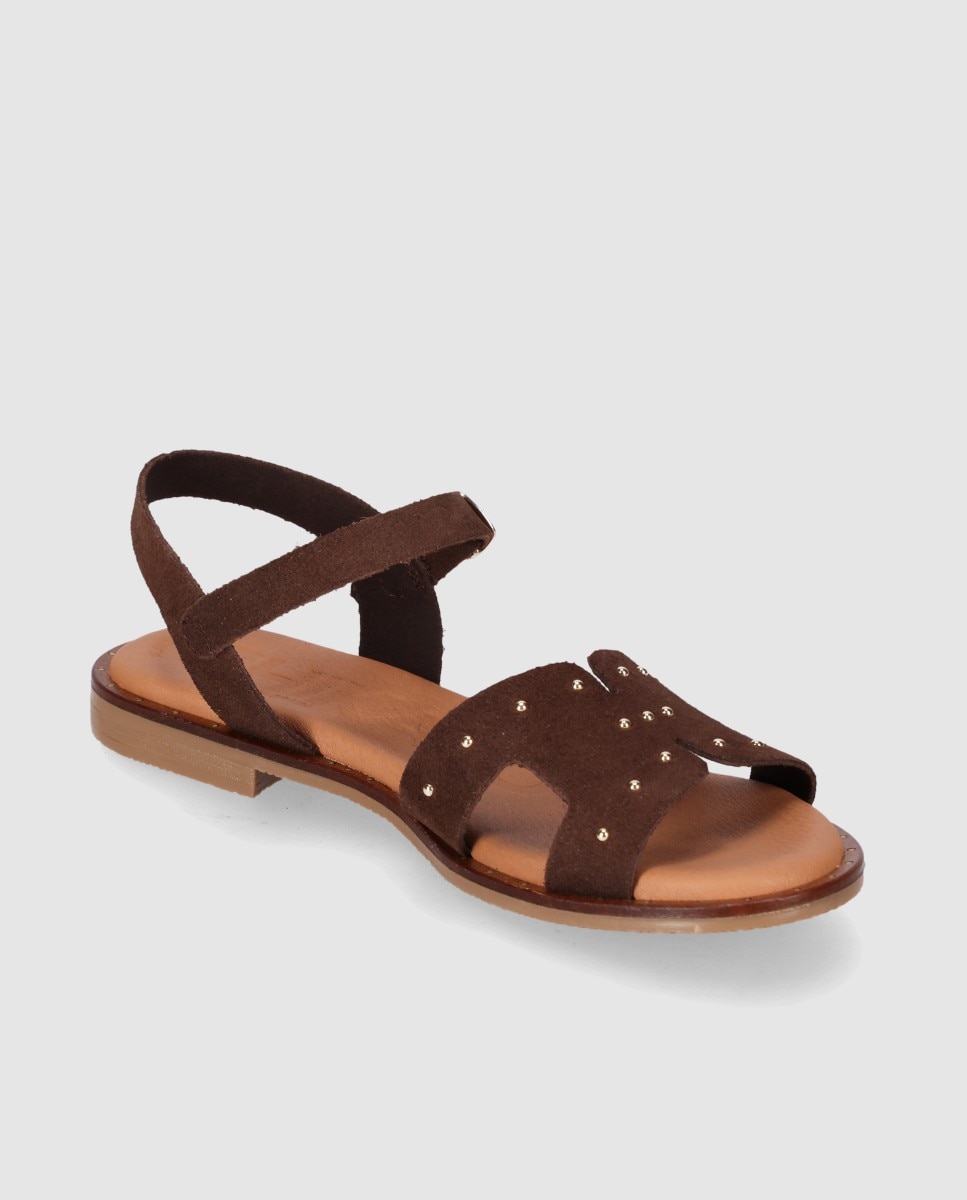 Sandalias planas de mujer realizadas en piel con diseño simétrico y tachas decorativas - Chika10 - Marrón oscuro Marrón oscuro-3