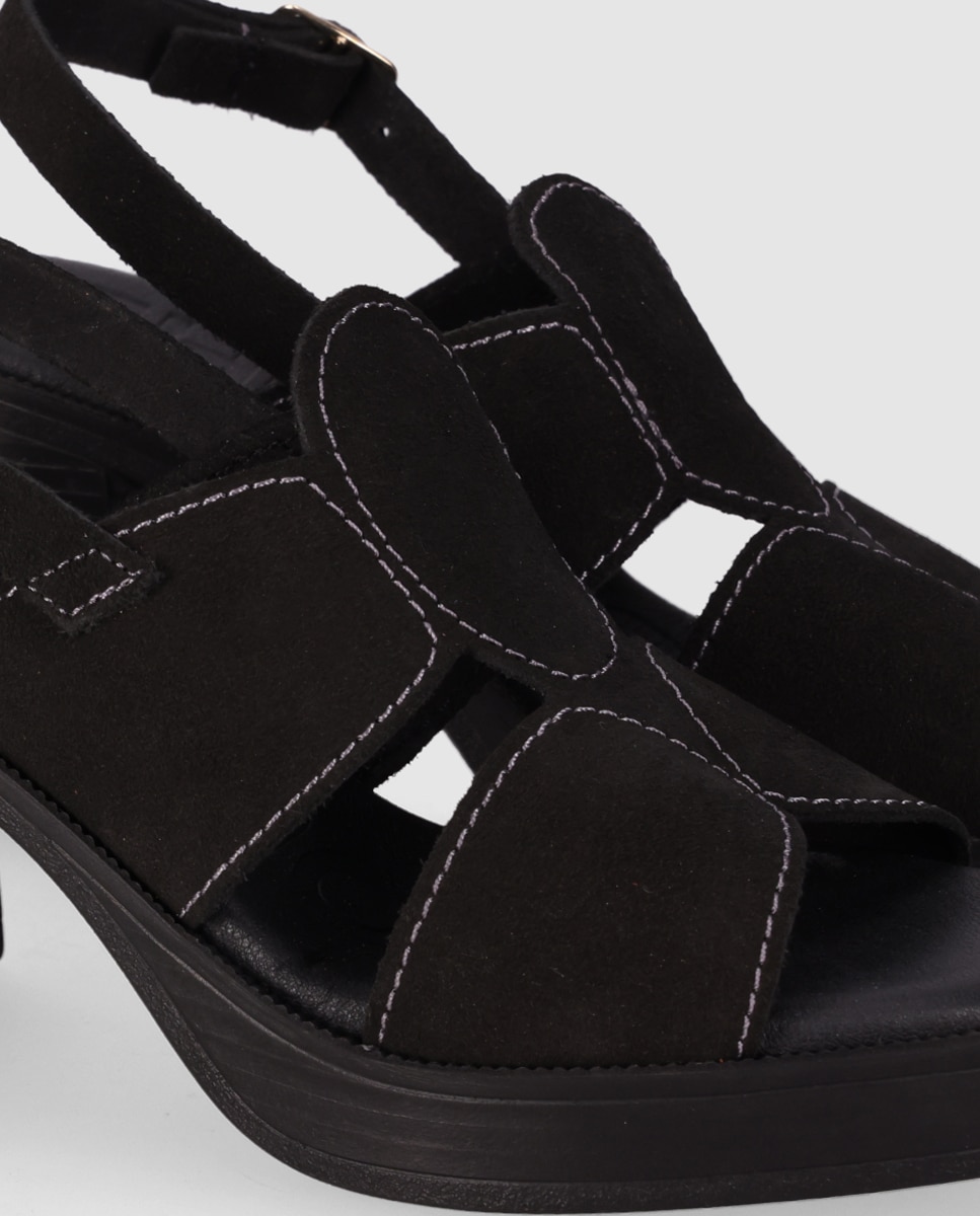 Sandalias de tacón de mujer confeccionadas en piel con diseño simétrico y cierre de hebilla al tobillo - Chika10 - Negro Negro-5