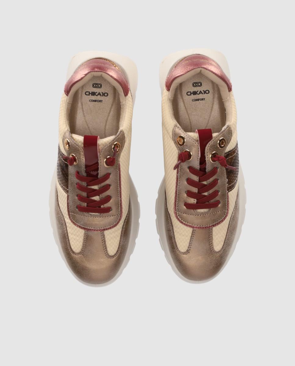 Zapatillas con cuña de mujer con diseño dinámico y combinacón de materiales - Chika10 - Beige Beige-4