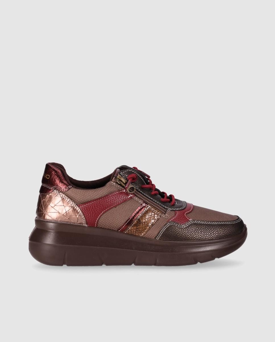 Zapatillas con cuña de mujer estilo sporty-casual con mezcla de texturas - Chika10 - Marrón Marrón-1