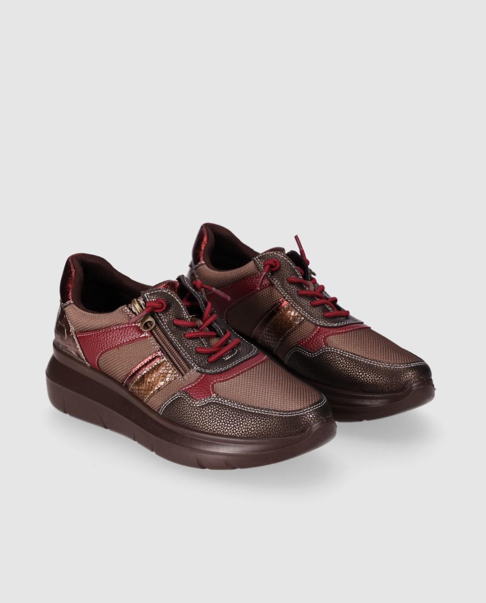 Zapatillas con cuña de mujer estilo sporty-casual con mezcla de texturas - Chika10 - Marrón Marrón-3