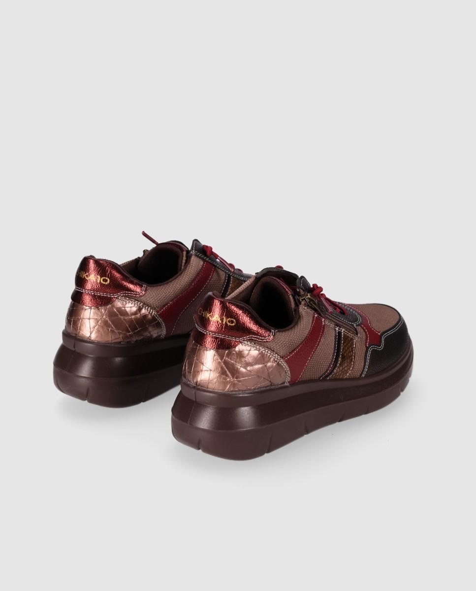 Zapatillas con cuña de mujer estilo sporty-casual con mezcla de texturas - Chika10 - Marrón Marrón-2