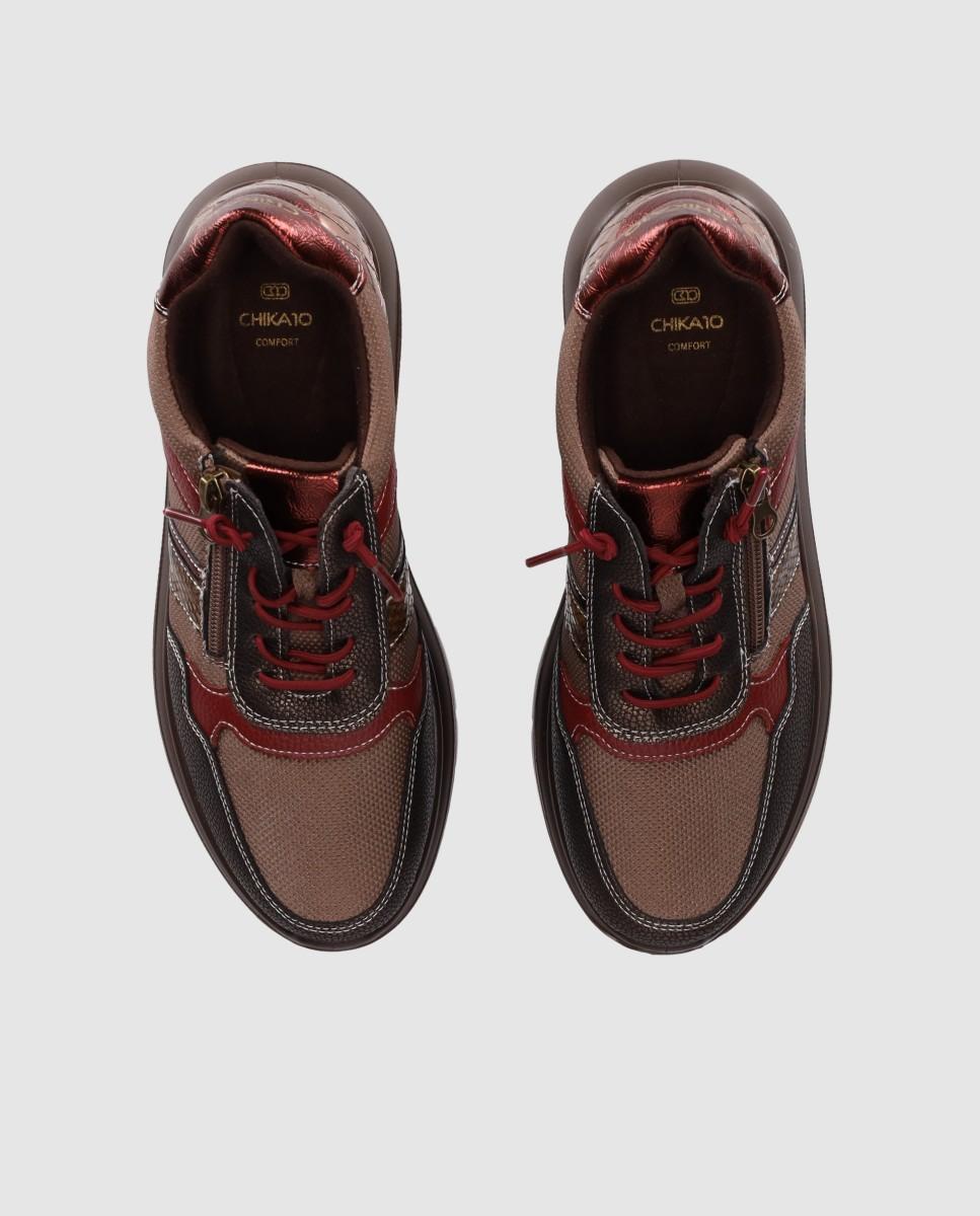 Zapatillas con cuña de mujer estilo sporty-casual con mezcla de texturas - Chika10 - Marrón Marrón-4