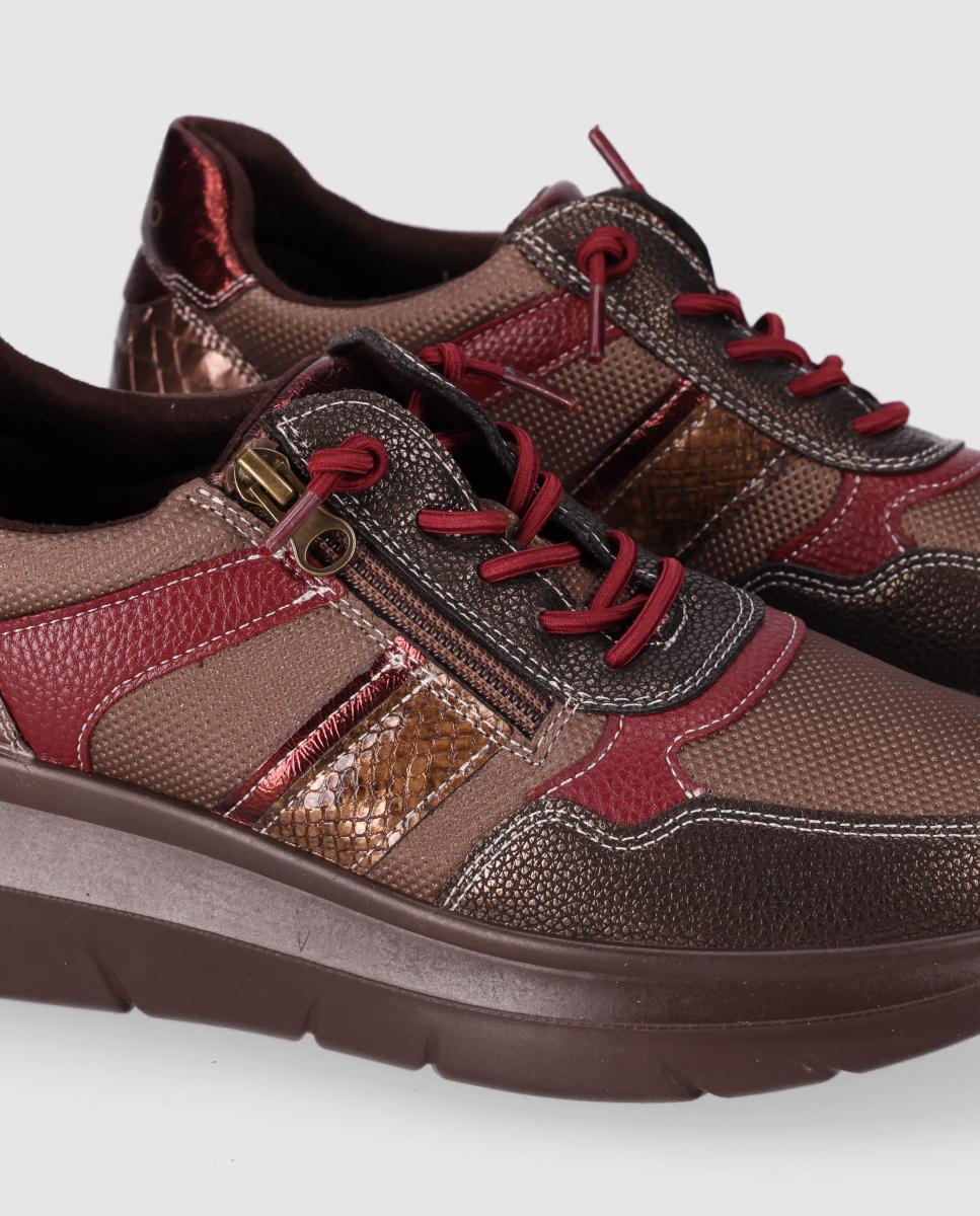 Zapatillas con cuña de mujer estilo sporty-casual con mezcla de texturas - Chika10 - Marrón Marrón-5