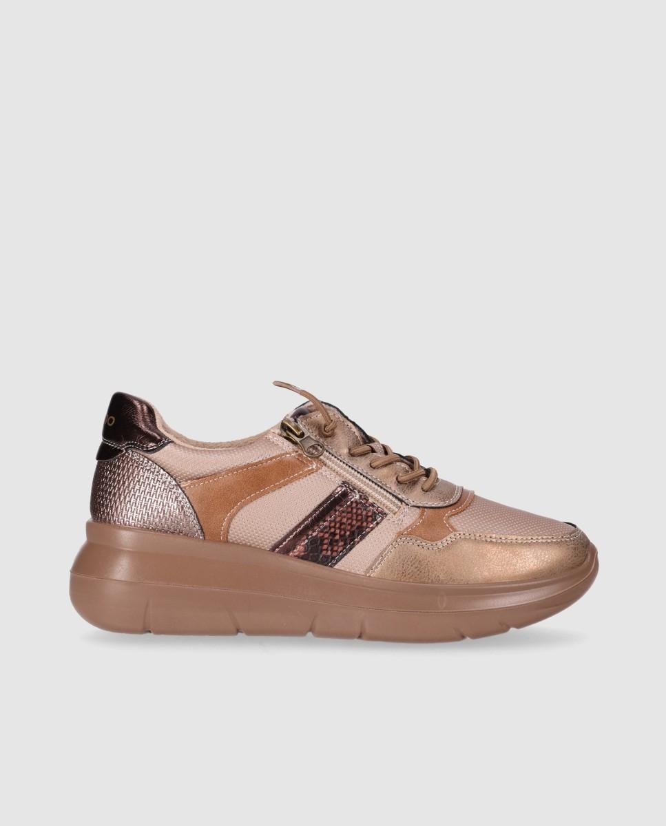 Zapatillas con cuña de mujer estilo sporty-casual con mezcla de texturas - Chika10 - Beige Beige-1