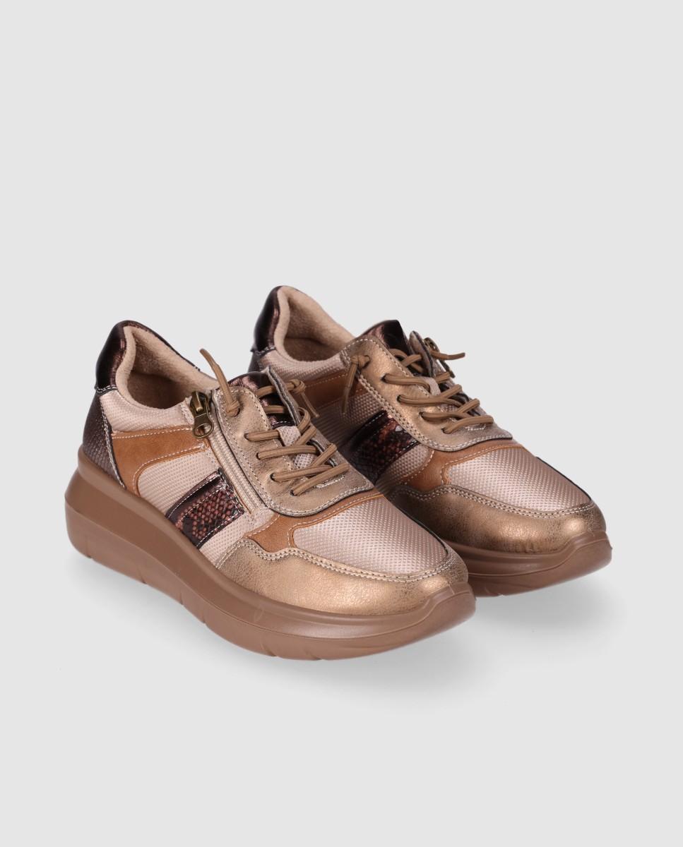Zapatillas con cuña de mujer estilo sporty-casual con mezcla de texturas - Chika10 - Beige Beige-2