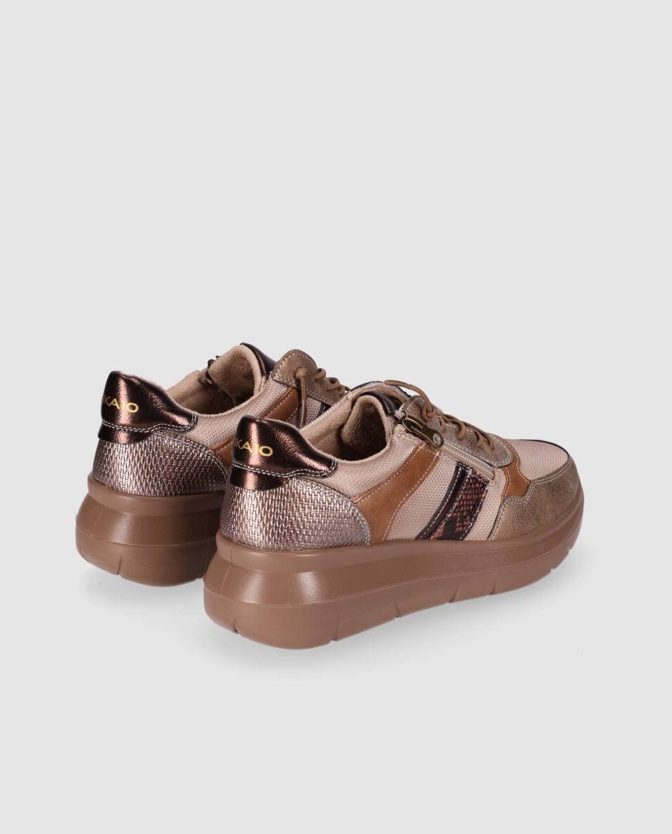 Zapatillas con cuña de mujer estilo sporty-casual con mezcla de texturas - Chika10 - Beige Beige-3
