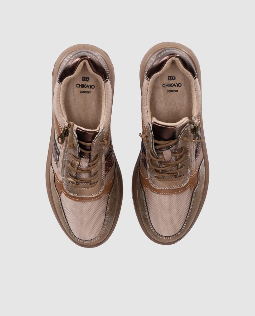Zapatillas con cuña de mujer estilo sporty-casual con mezcla de texturas - Chika10 - Beige Beige-4