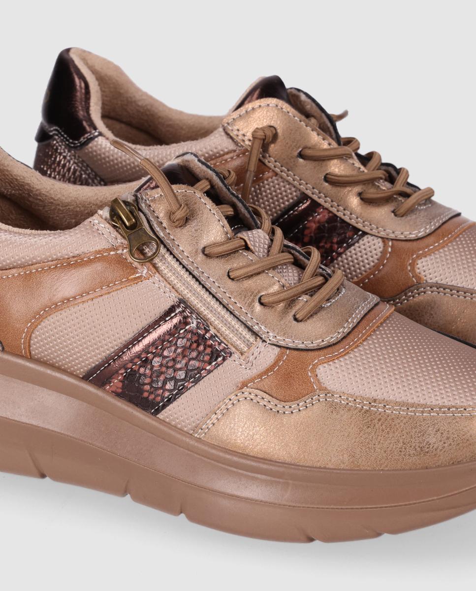 Zapatillas con cuña de mujer estilo sporty-casual con mezcla de texturas - Chika10 - Beige Beige-5