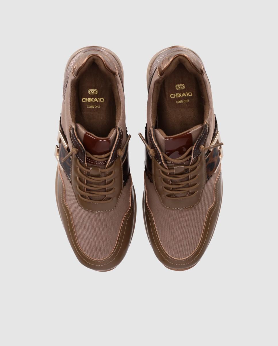 Zapatillas con cuña de mujer con cordones y mezcla de materiales - Chika10 - Beige Beige-4