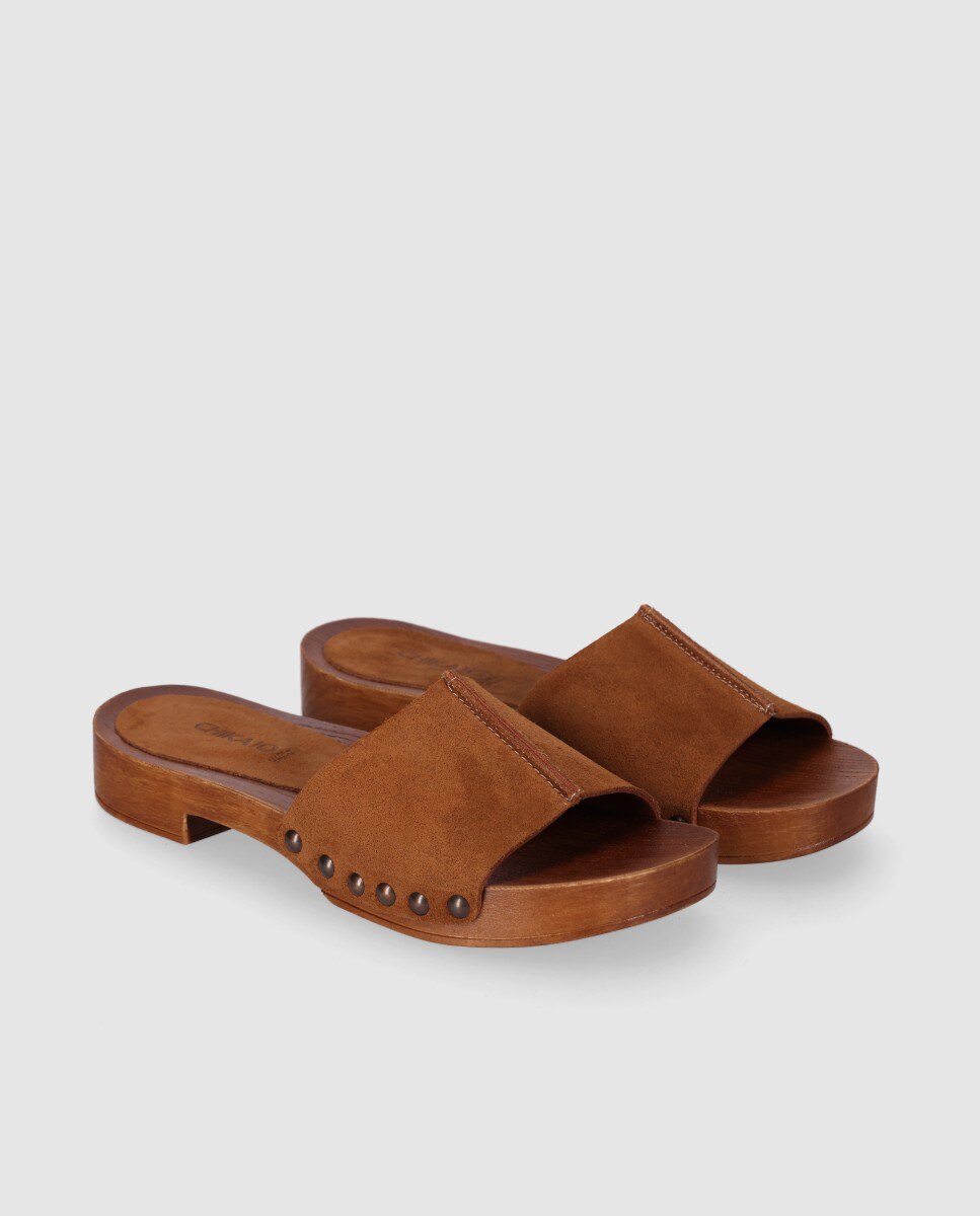 Zuecos planos de mujer con pala ancha y suela de madera - Chika10 - Marrón claro Marrón claro-3