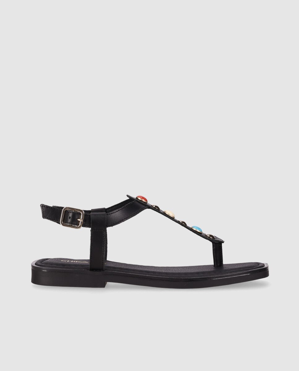 Sandalias planas de mujer en piel con detalle central de piedras - Chika10 - Negro Negro-1