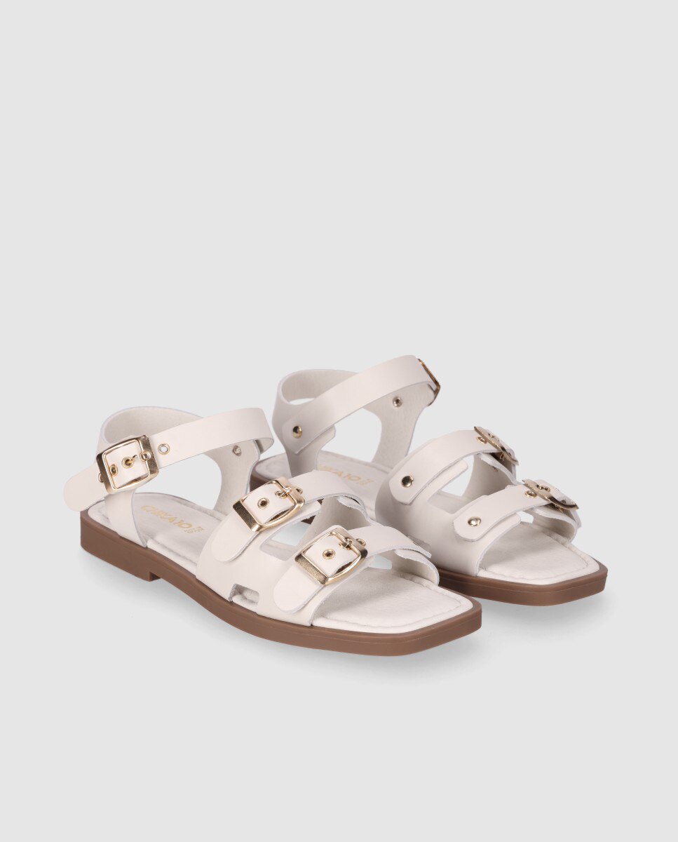 Sandalias planas de mujer realizada en piel con puntera cuadrada - Chika10 - Blanco Blanco-3