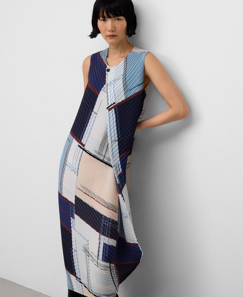 Vestido midi de crinkle con estampado 34/XS Azul Blanco