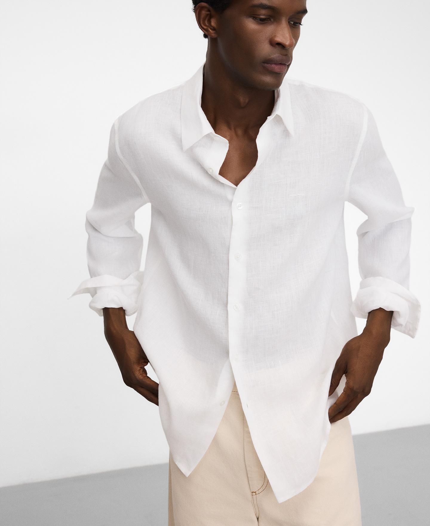 Camisa de lino de hombre regular fit con logo bordado - Adolfo Dominguez - Blanco Blanco-1