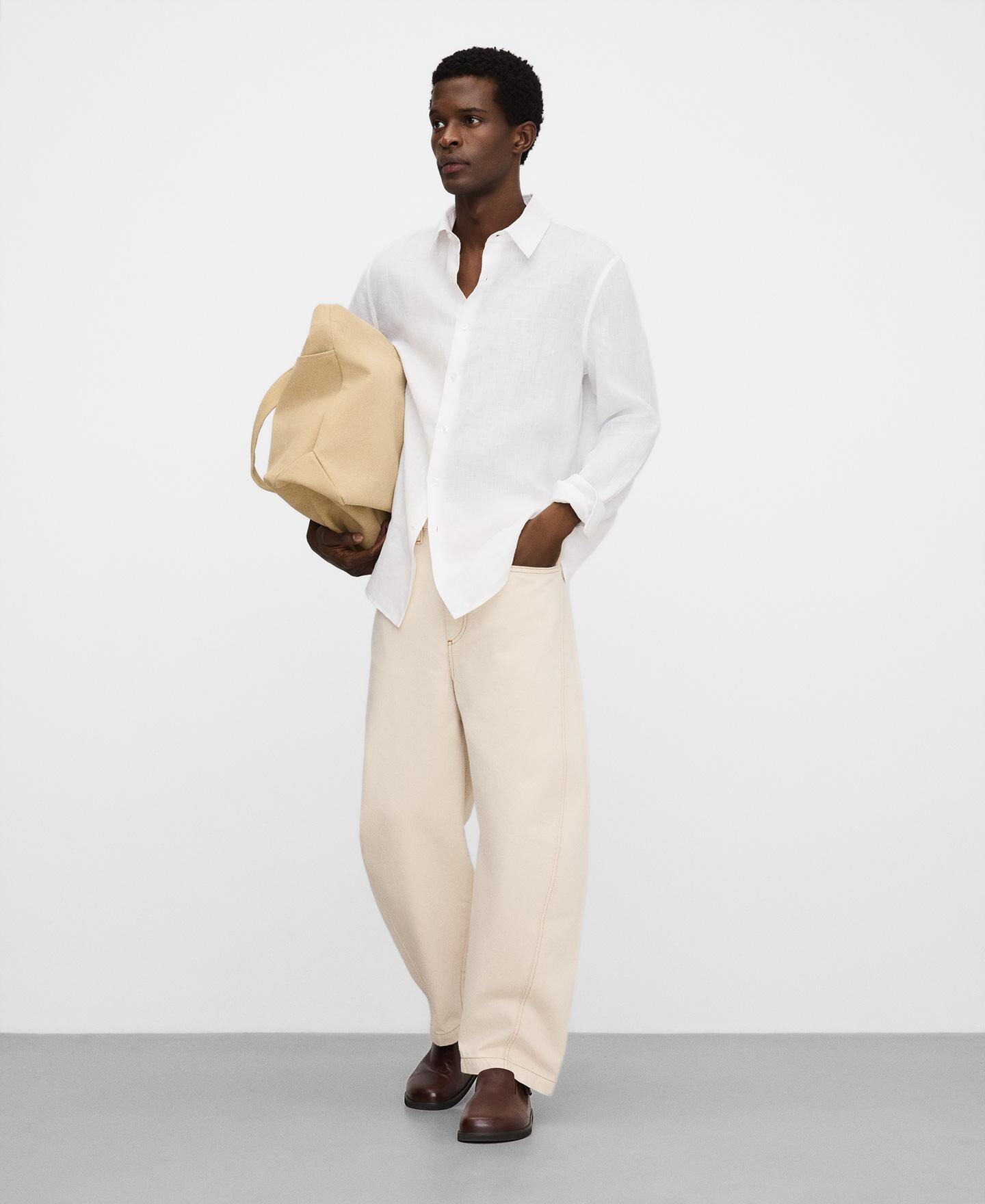 Camisa de lino de hombre regular fit con logo bordado - Adolfo Dominguez - Blanco Blanco-2