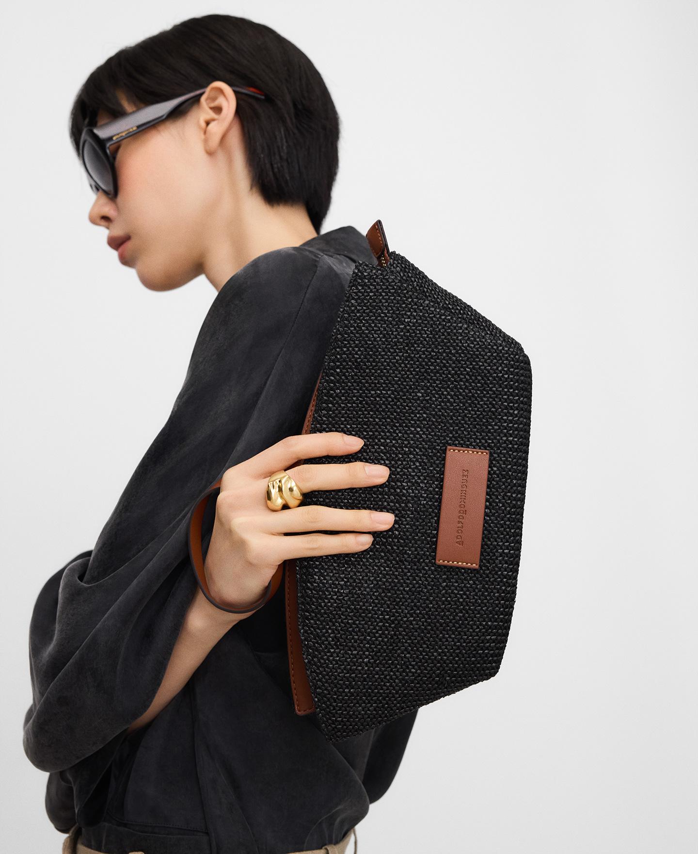 Bolso pequeño de mujer Eclipse con textura de rafia - Adolfo Dominguez - Negro Negro-3