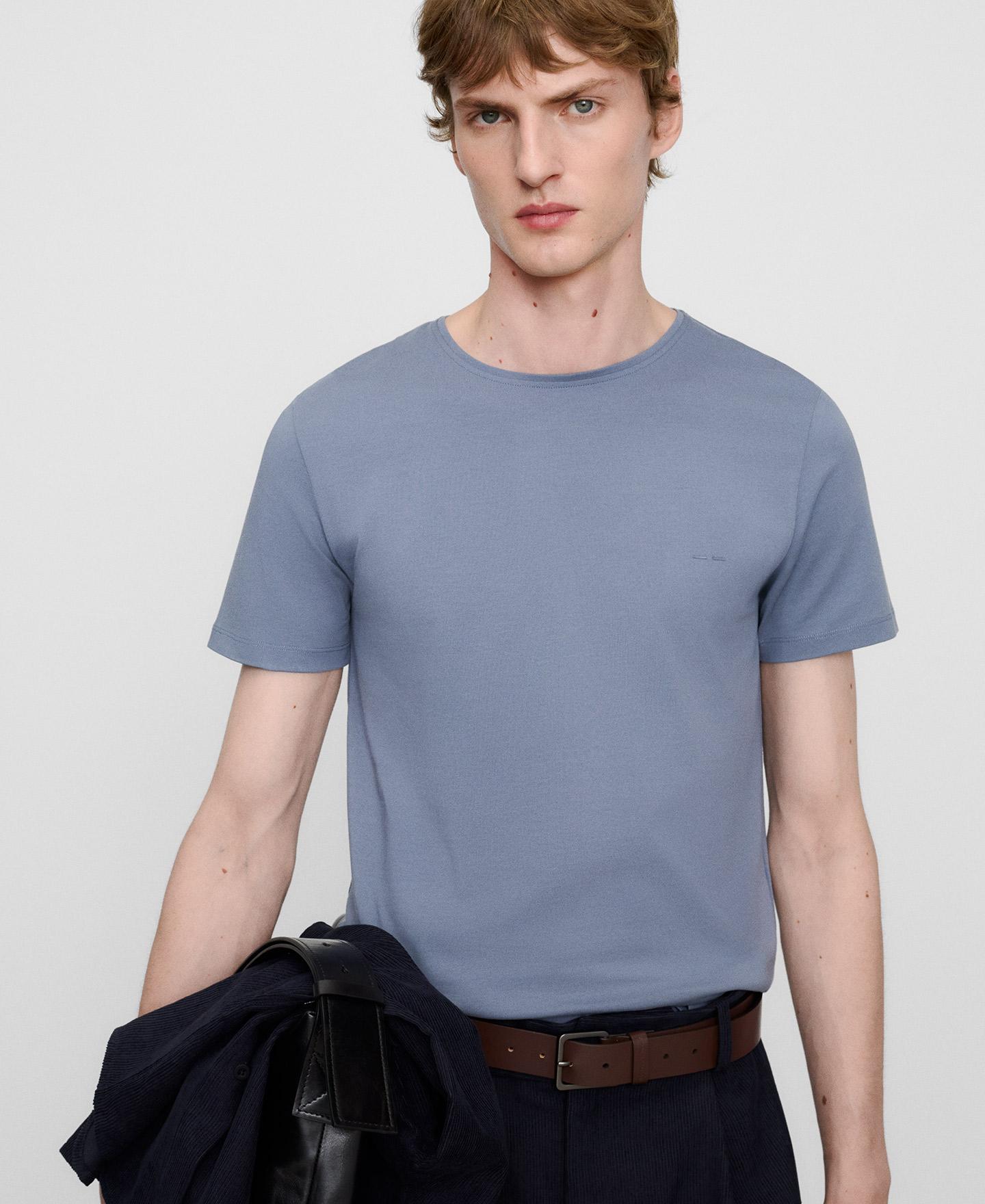 Camiseta de manga corta de hombre slim fit con algodón y cuello caja - Adolfo Dominguez - Azul Azul-1