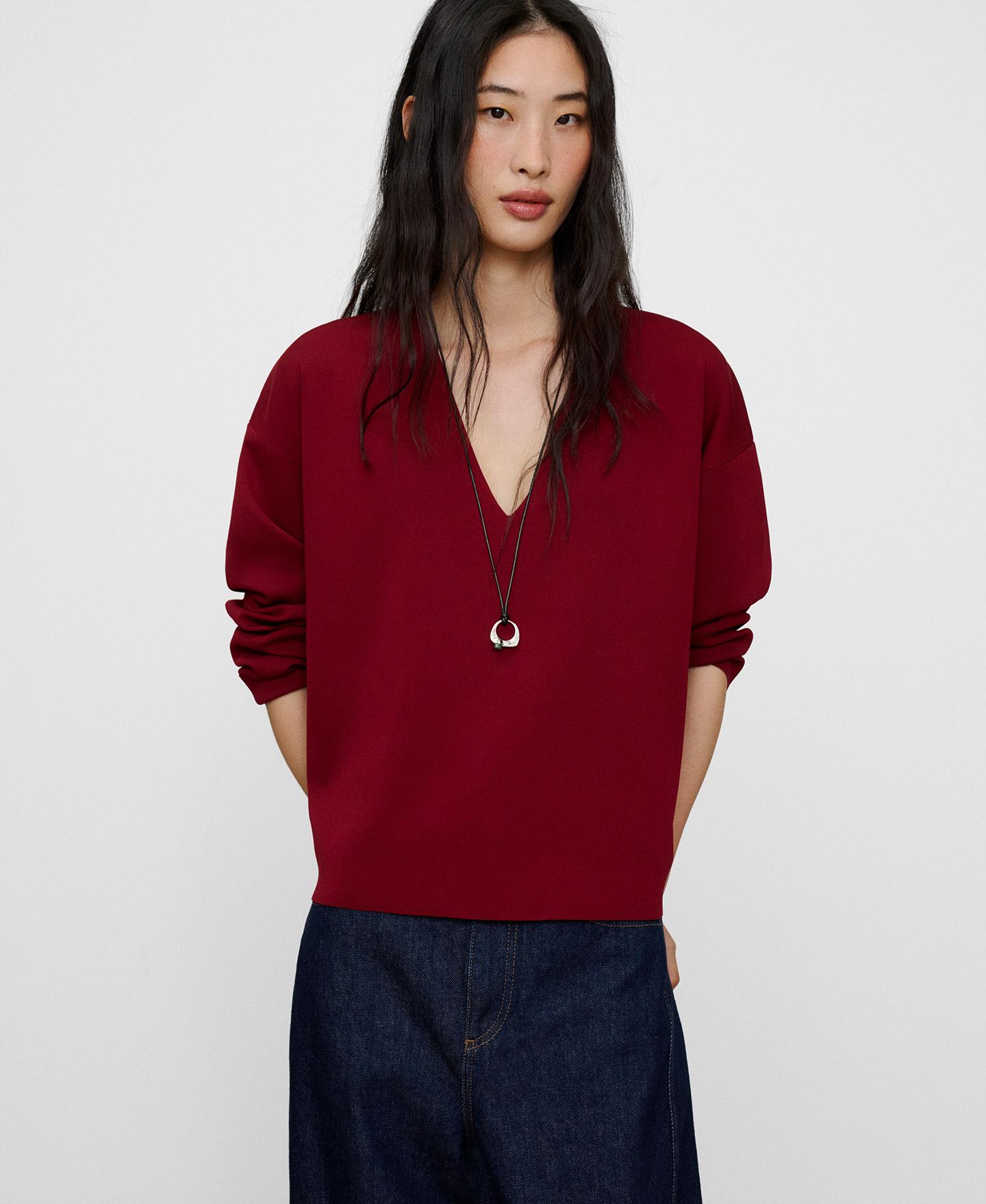 Jersey de mujer con cuello pico y manga larga - Adolfo Dominguez - Rojo Rojo-1