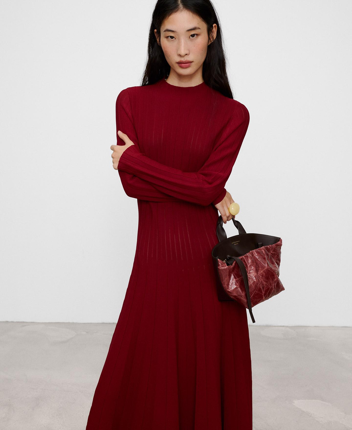 Vestido midi de manga larga con cuello perkins - Adolfo Dominguez - Rojo Rojo-1