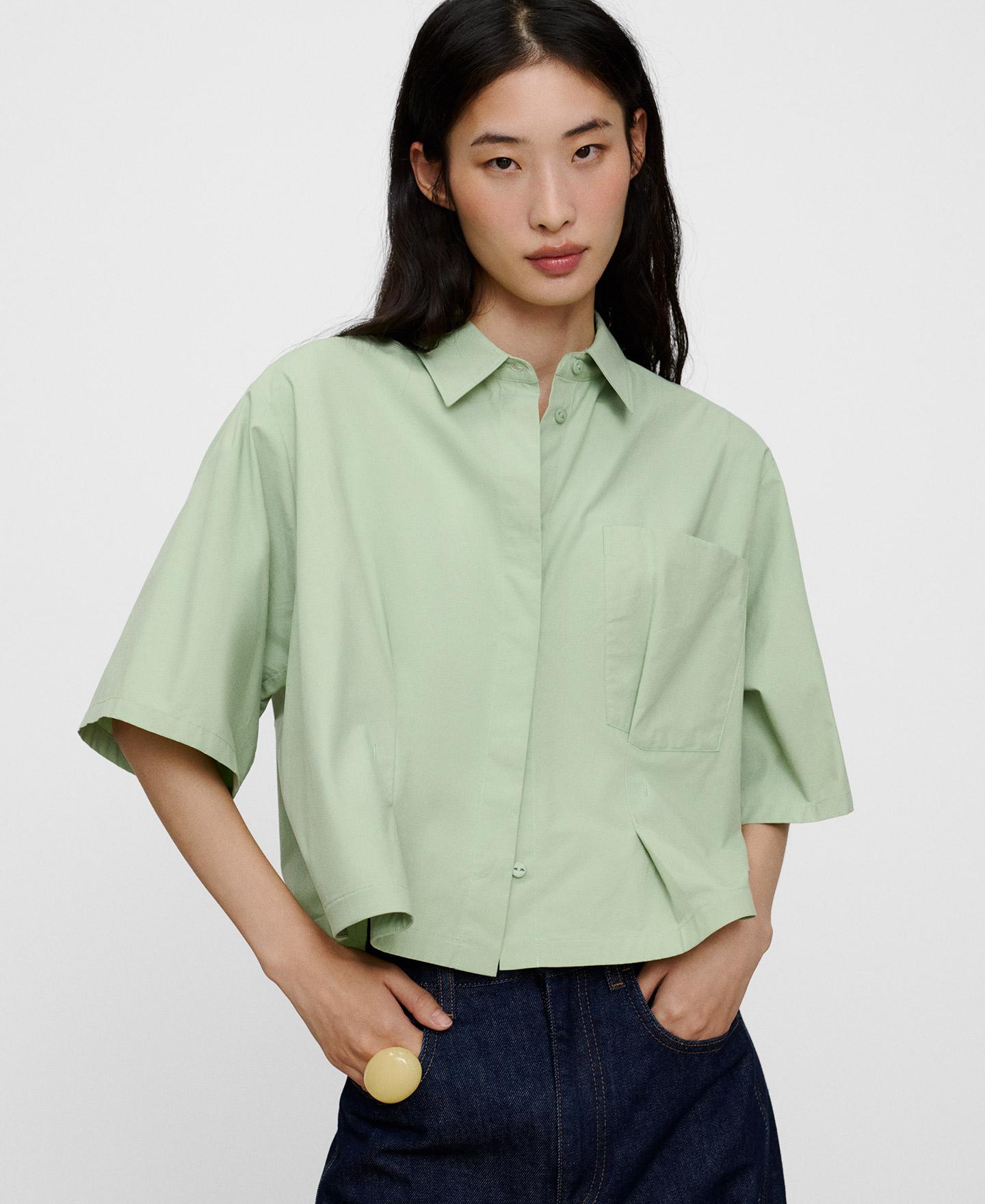 Camisa evasé de mujer con cuello italiano de algodón - Adolfo Dominguez - Verde Verde-1