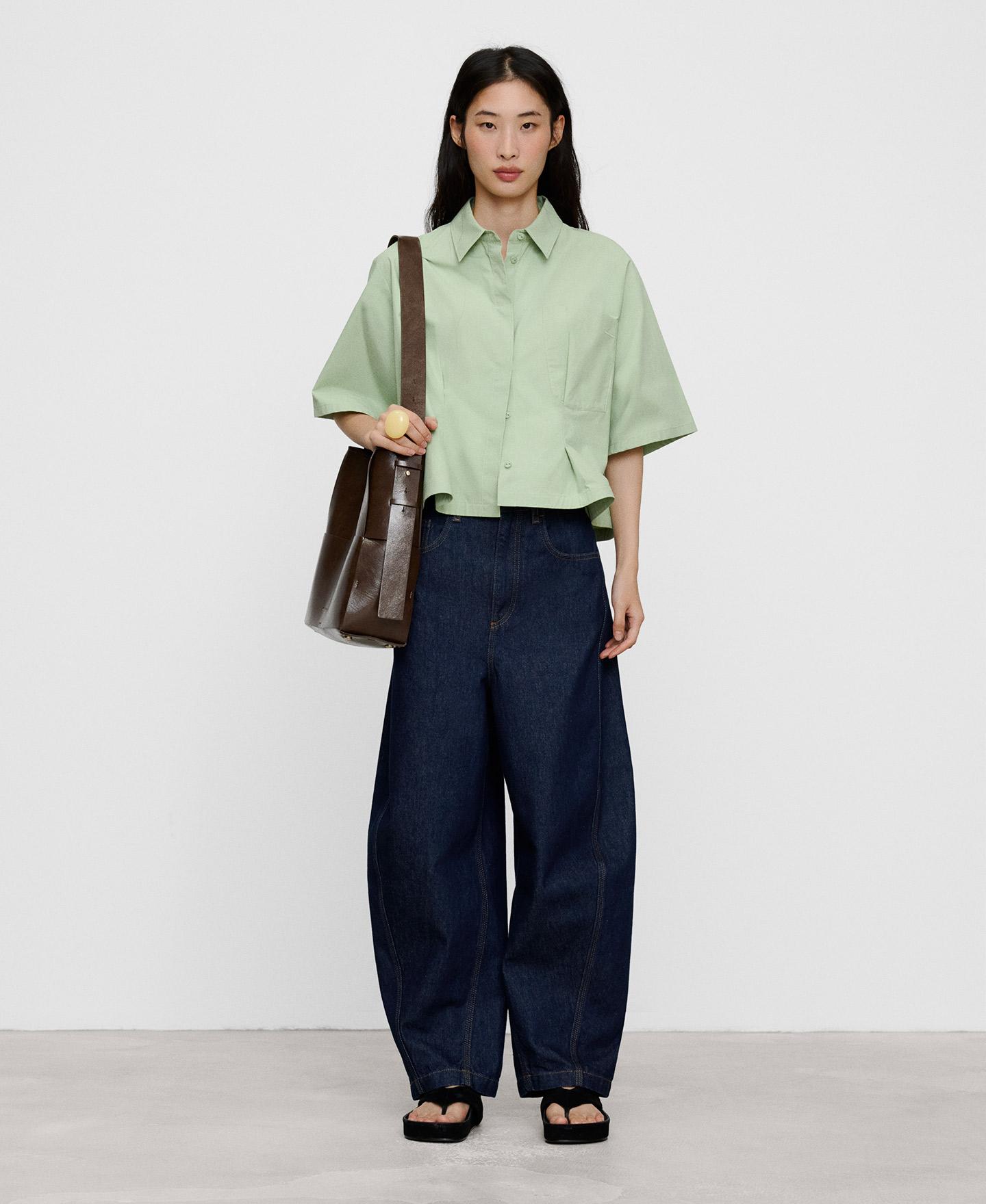 Camisa evasé de mujer con cuello italiano de algodón - Adolfo Dominguez - Verde Verde-2