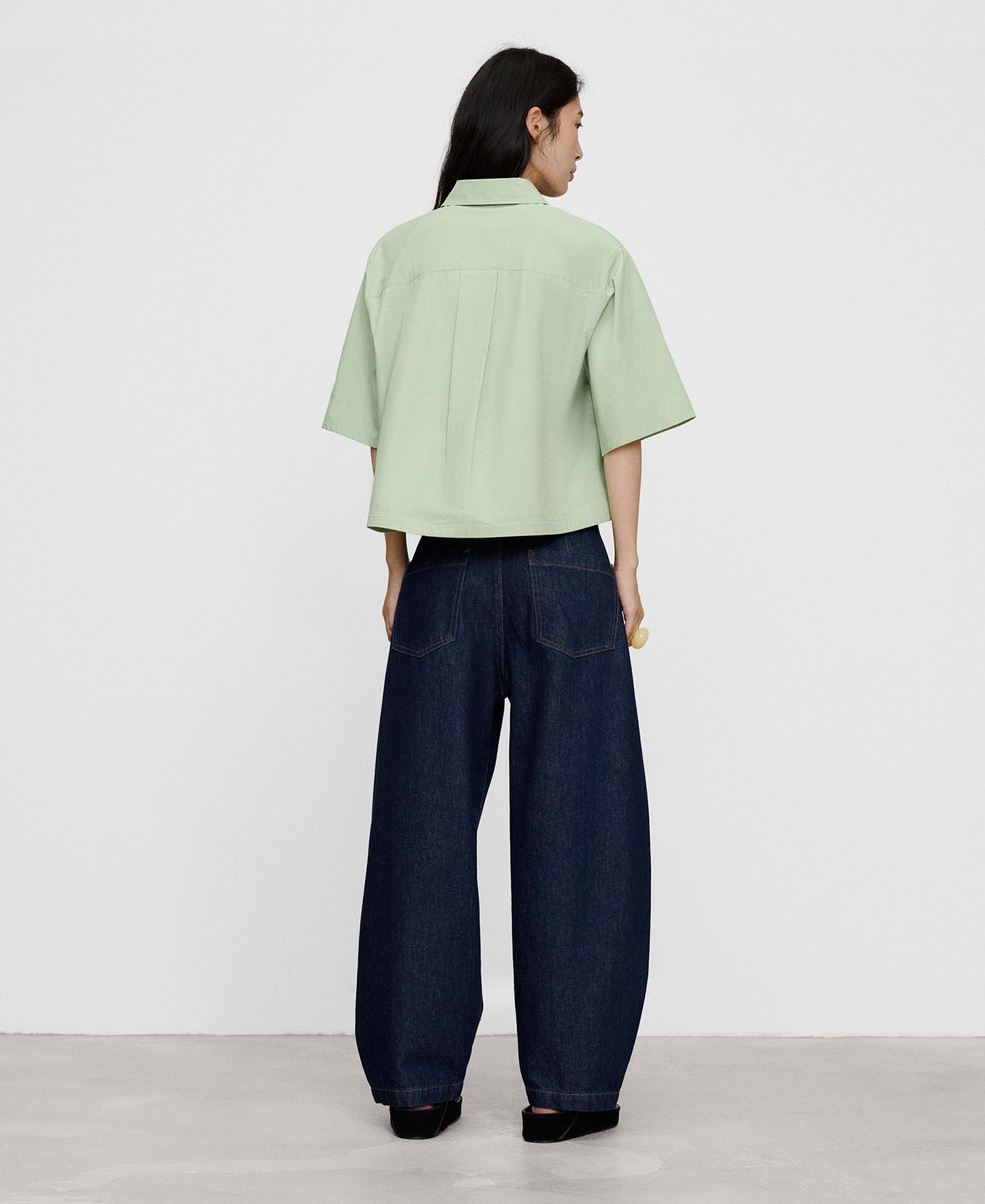 Camisa evasé de mujer con cuello italiano de algodón - Adolfo Dominguez - Verde Verde-3