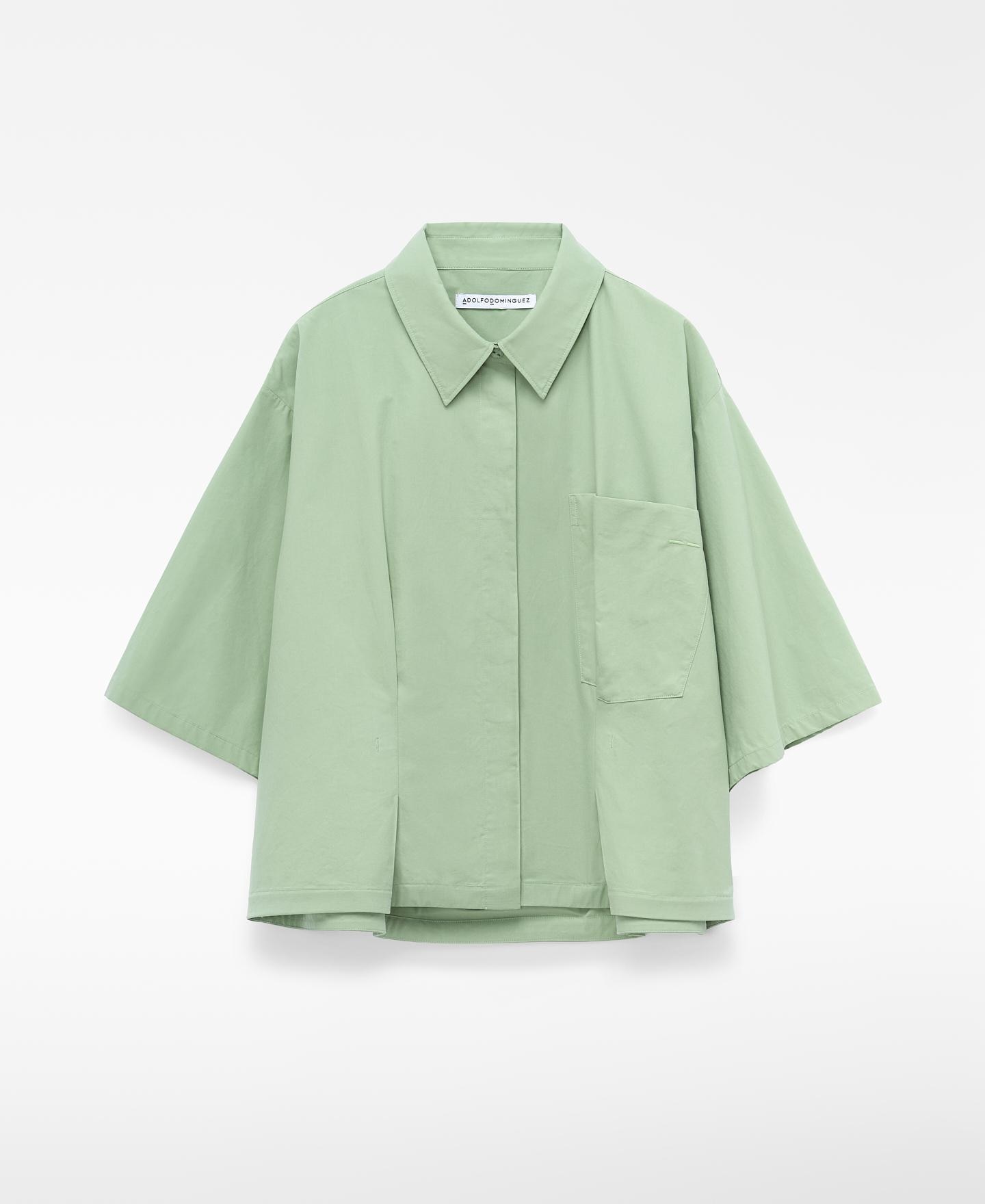 Camisa evasé de mujer con cuello italiano de algodón - Adolfo Dominguez - Verde Verde-6