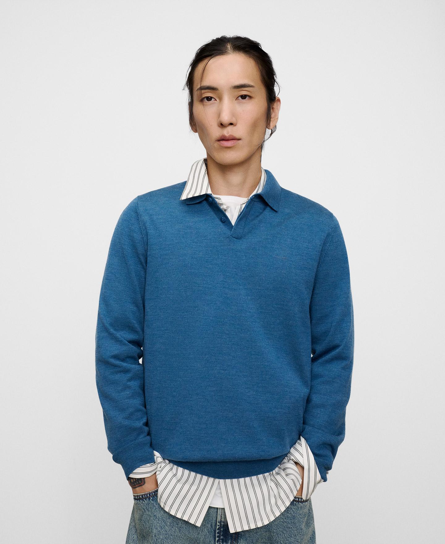 Polo de manga larga de hombre en lana merino - Adolfo Dominguez - Azul Azul-1
