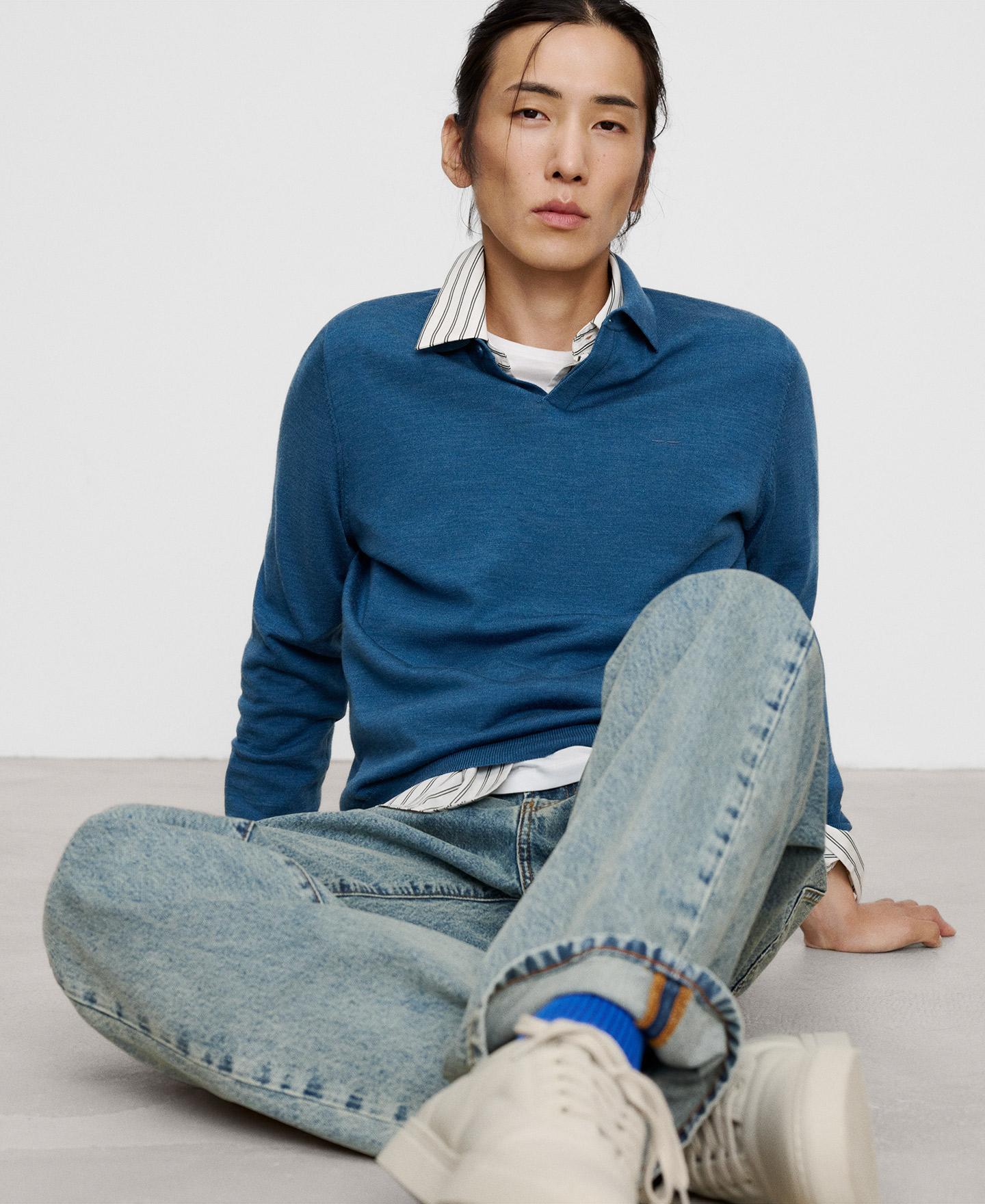Polo de manga larga de hombre en lana merino - Adolfo Dominguez - Azul Azul-5