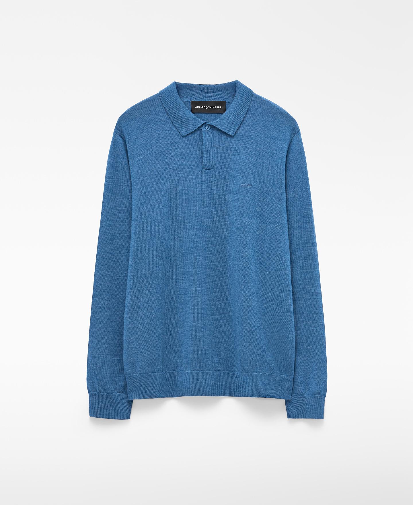 Polo de manga larga de hombre en lana merino - Adolfo Dominguez - Azul Azul-7
