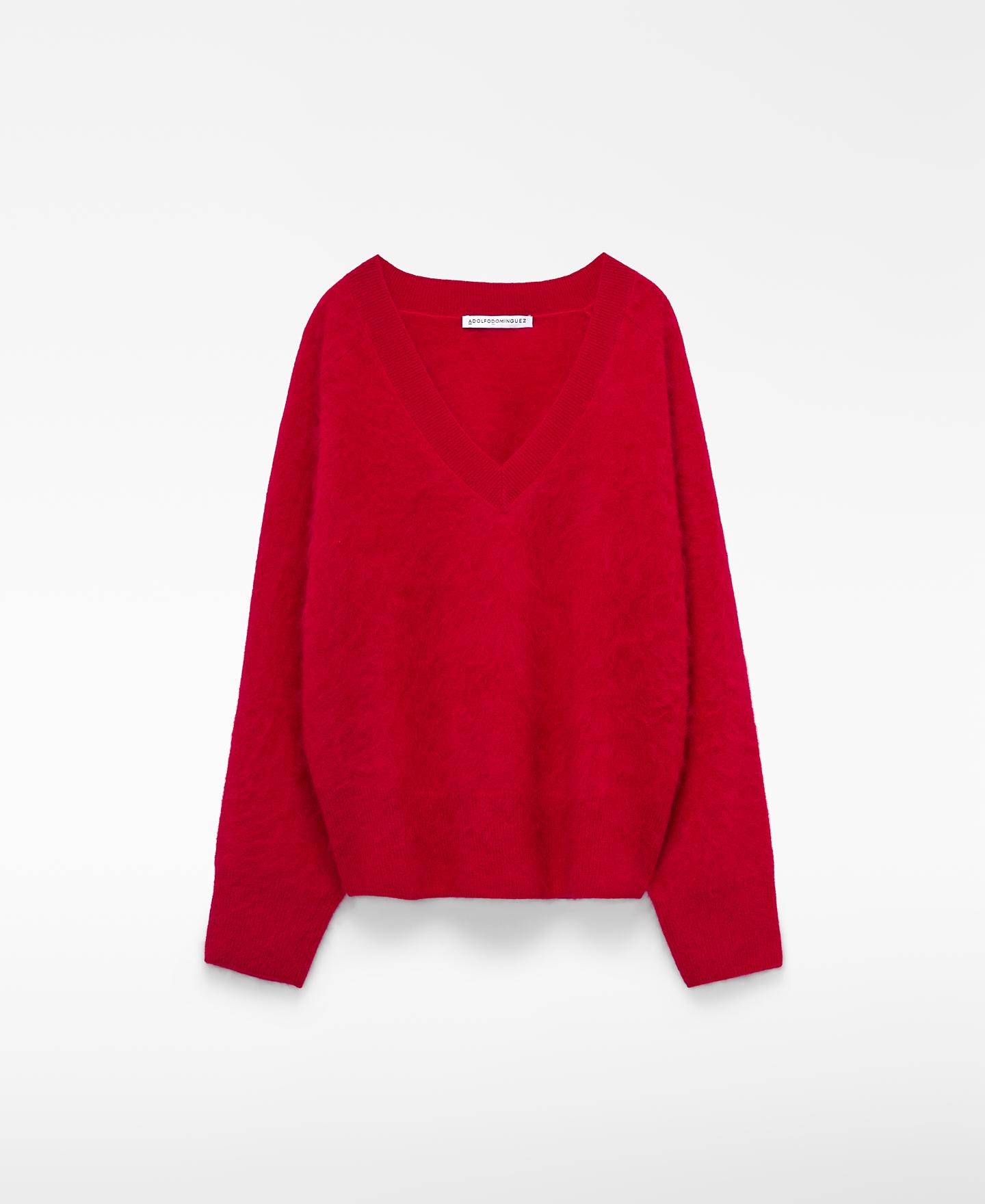 Jersey de mujer cardado con cuello pico en lana merino - Adolfo Dominguez - Rojo Rojo-6