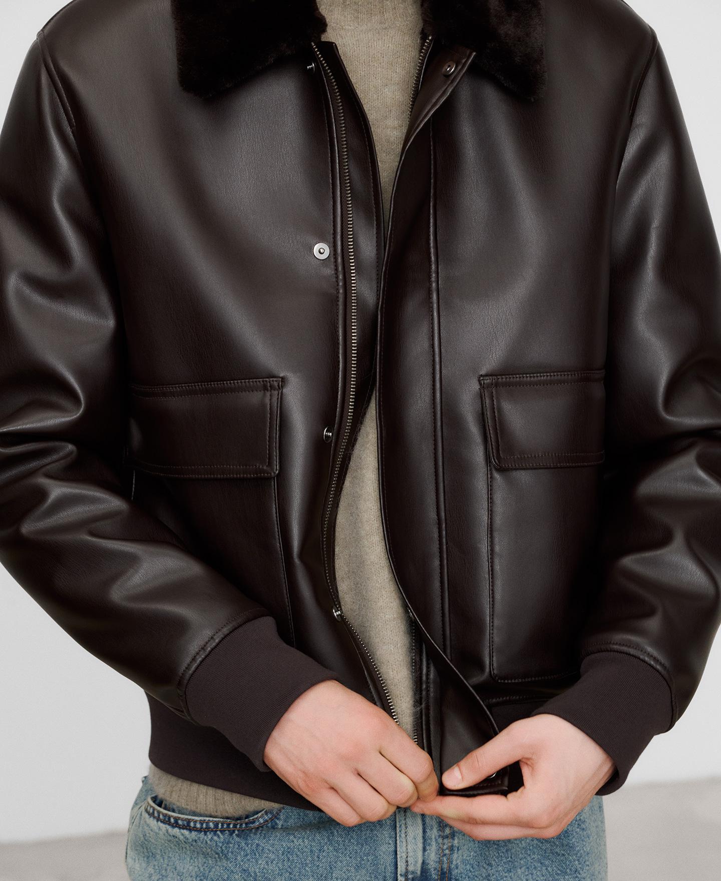 Chaqueta aviador de hombre efecto piel - Adolfo Dominguez - Marrón Marrón-4