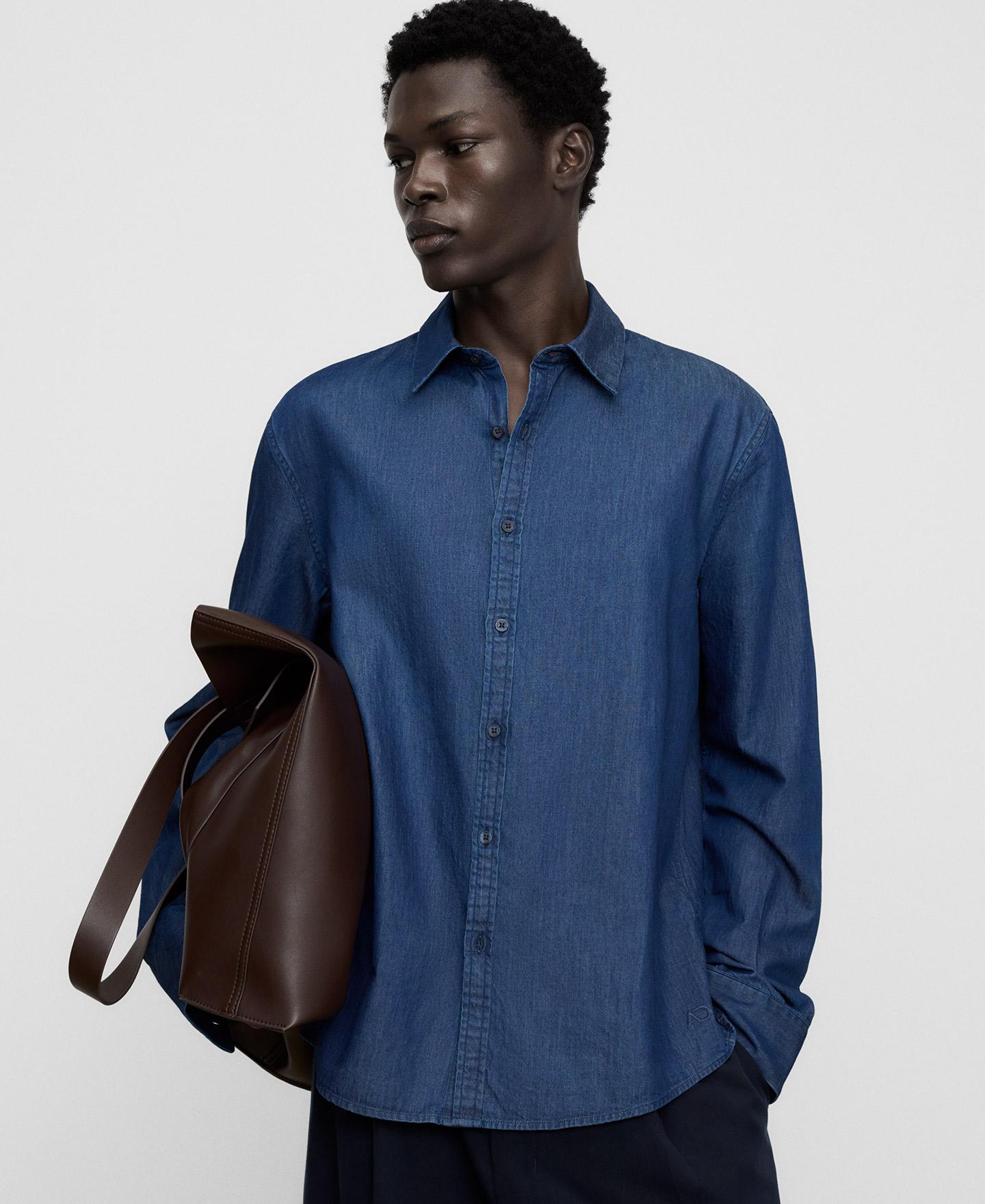 Camisa vaquera de hombre de algodón cuello italiano y manga larga - Adolfo Dominguez - Azul denim Azul denim-1