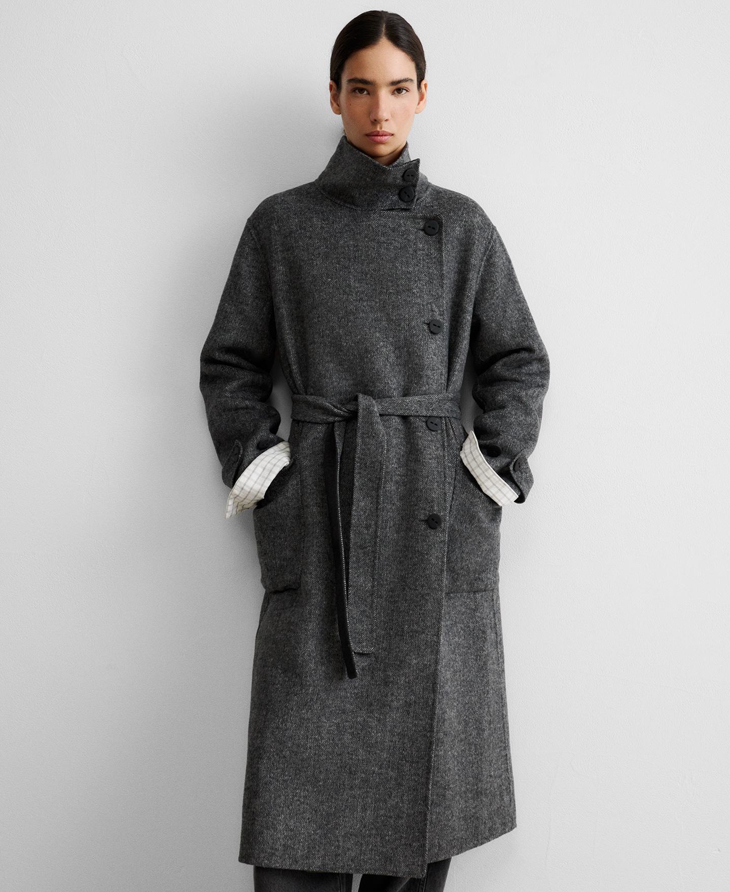 Abrigo largo de mujer cruzado con lana merino y tejido de espiga - Adolfo Dominguez - Gris Gris-1