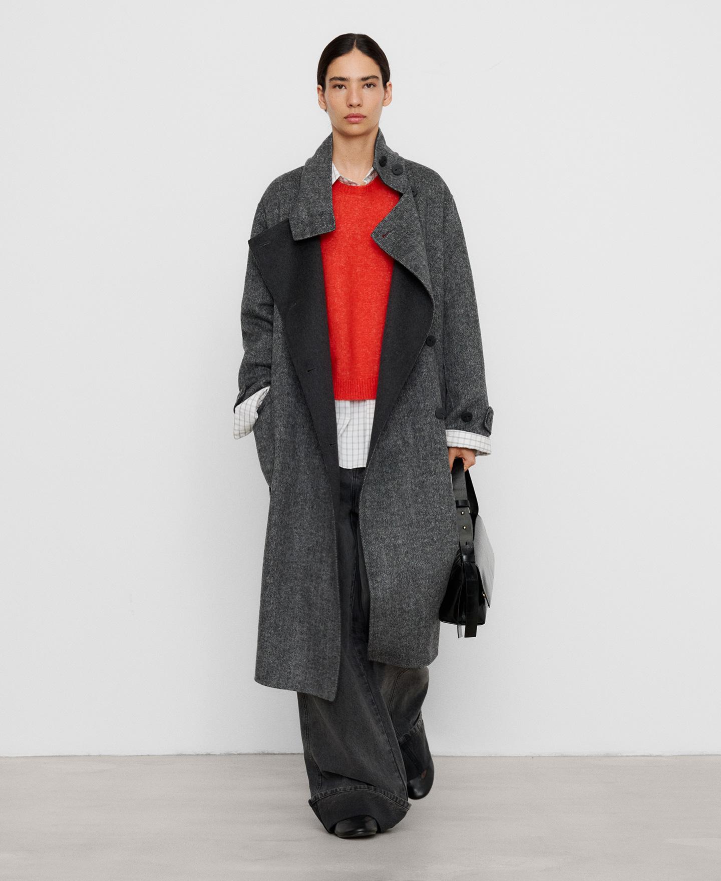 Abrigo largo de mujer cruzado con lana merino y tejido de espiga - Adolfo Dominguez - Gris Gris-2