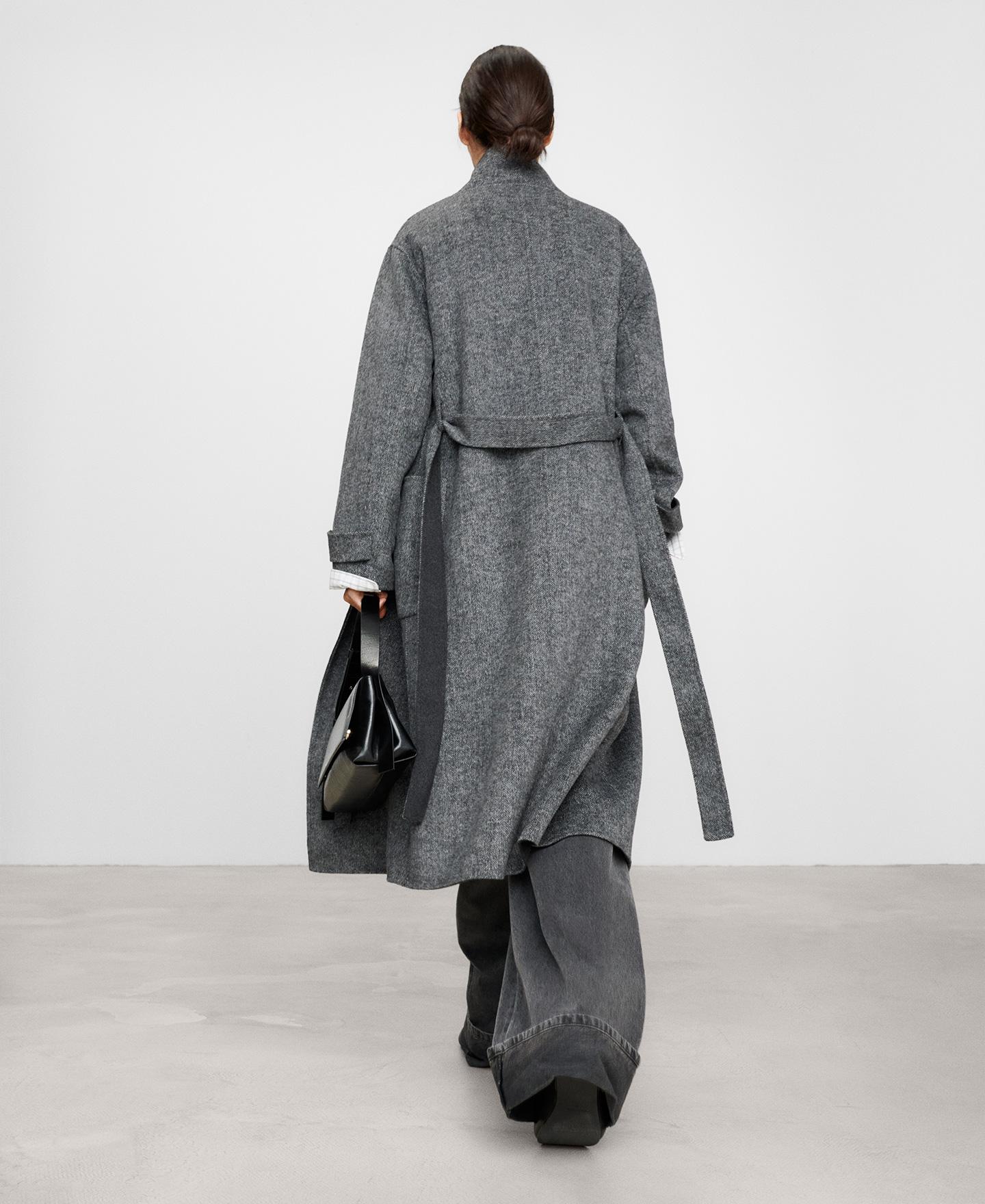 Abrigo largo de mujer cruzado con lana merino y tejido de espiga - Adolfo Dominguez - Gris Gris-3