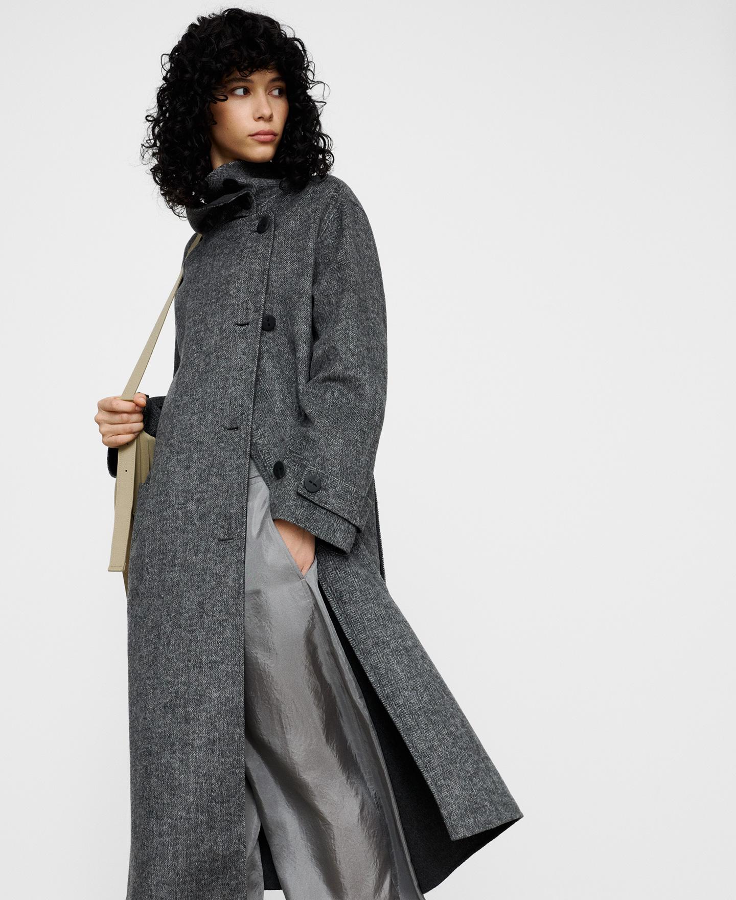 Abrigo largo de mujer cruzado con lana merino y tejido de espiga - Adolfo Dominguez - Gris Gris-5