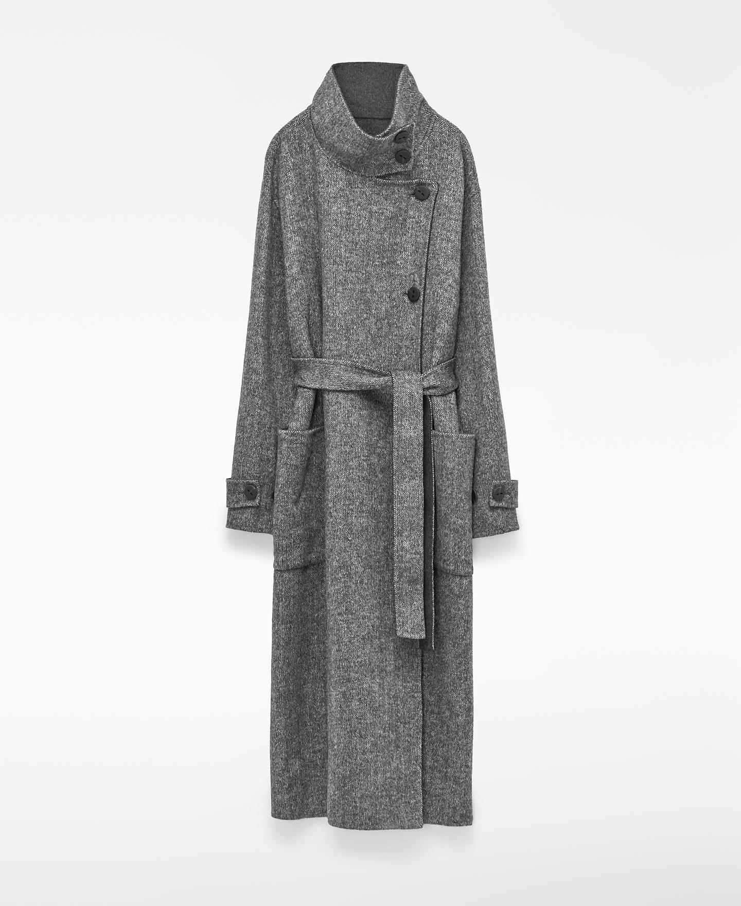 Abrigo largo de mujer cruzado con lana merino y tejido de espiga - Adolfo Dominguez - Gris Gris-7