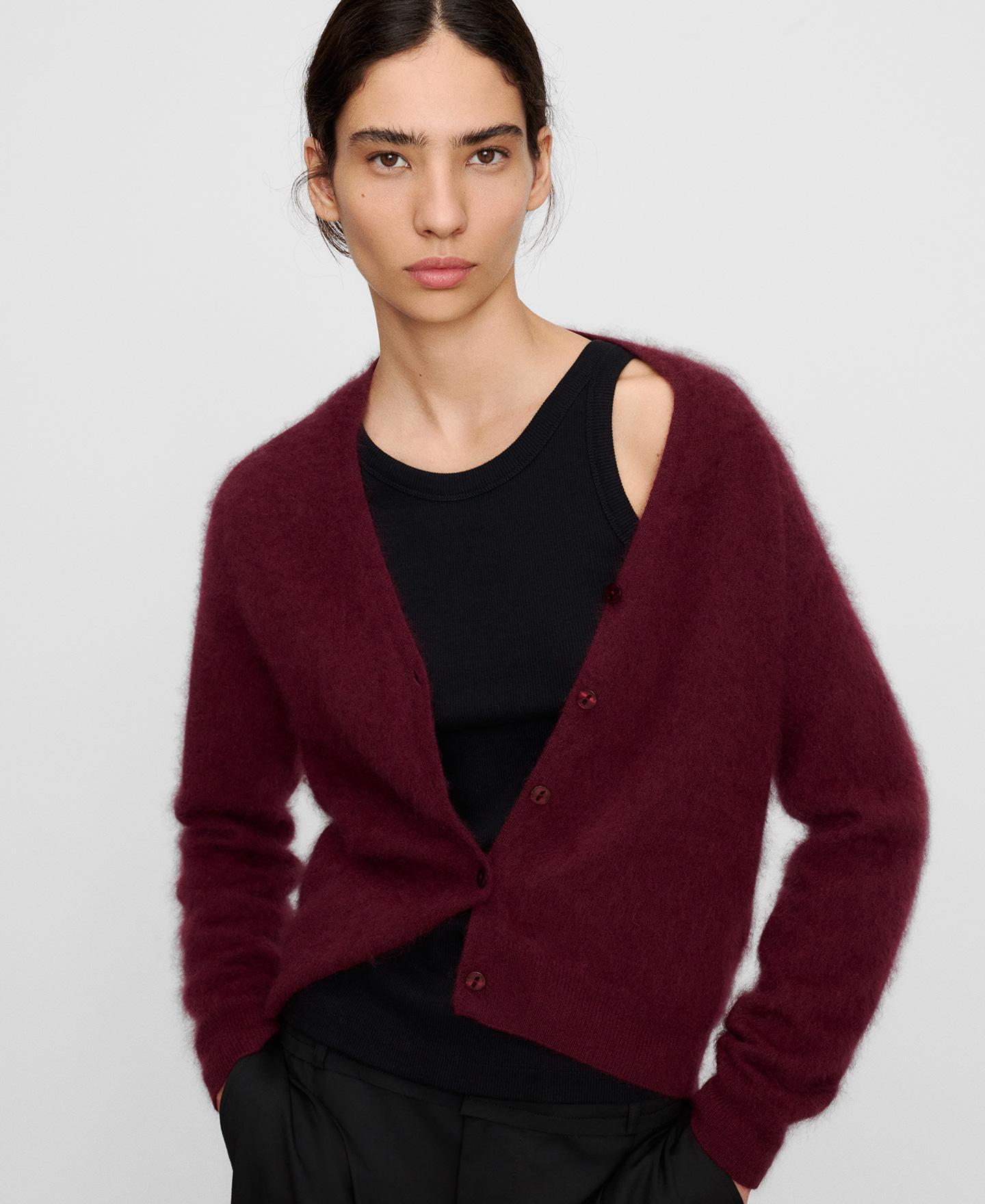 Cárdigan cardado de mujer en lana merino con cuello pico - Adolfo Dominguez - Burdeos Burdeos-1