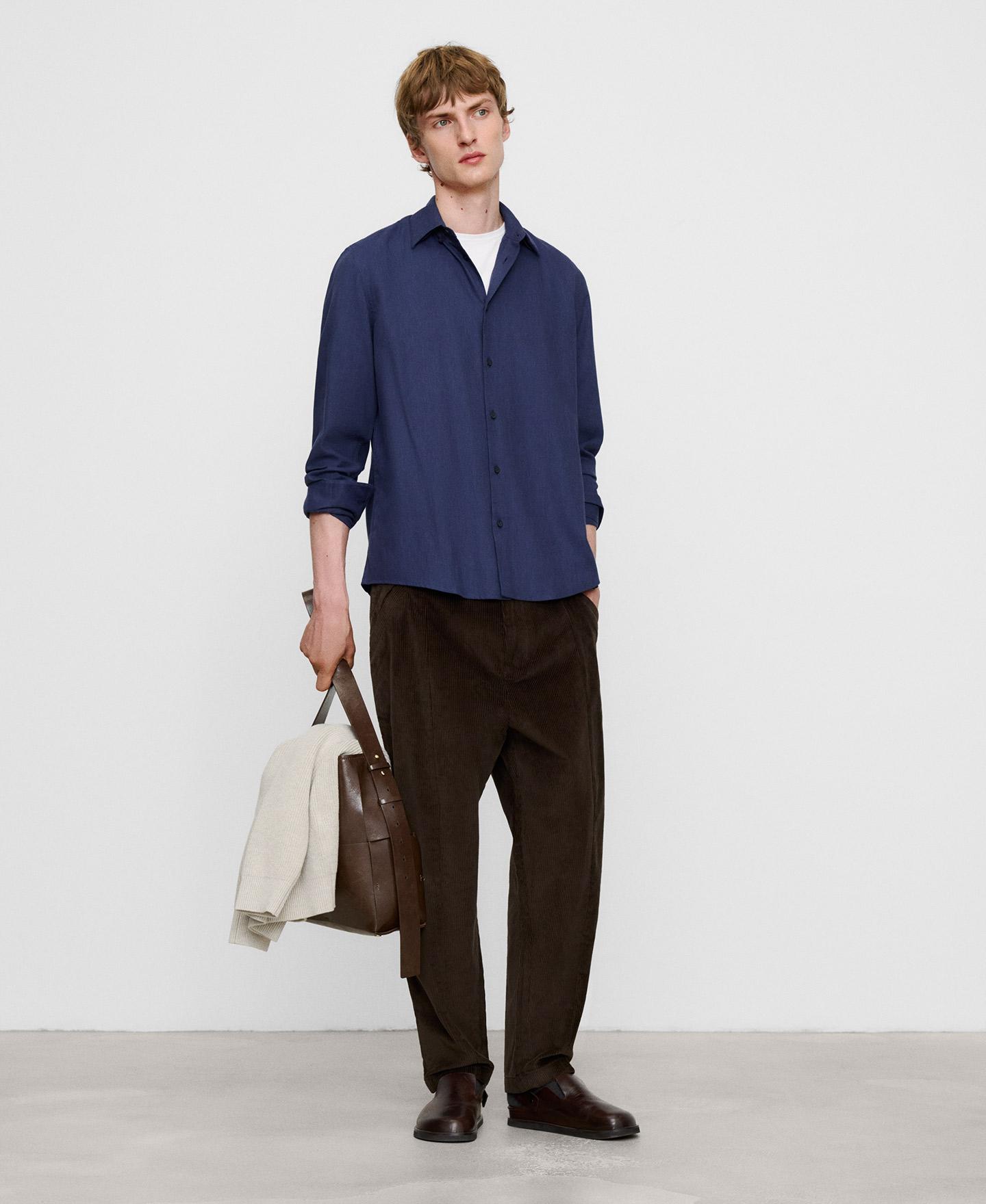 Camisa de hombre regular fit de algodón con cuello italiano - Adolfo Dominguez - Azul oscuro Azul oscuro-2