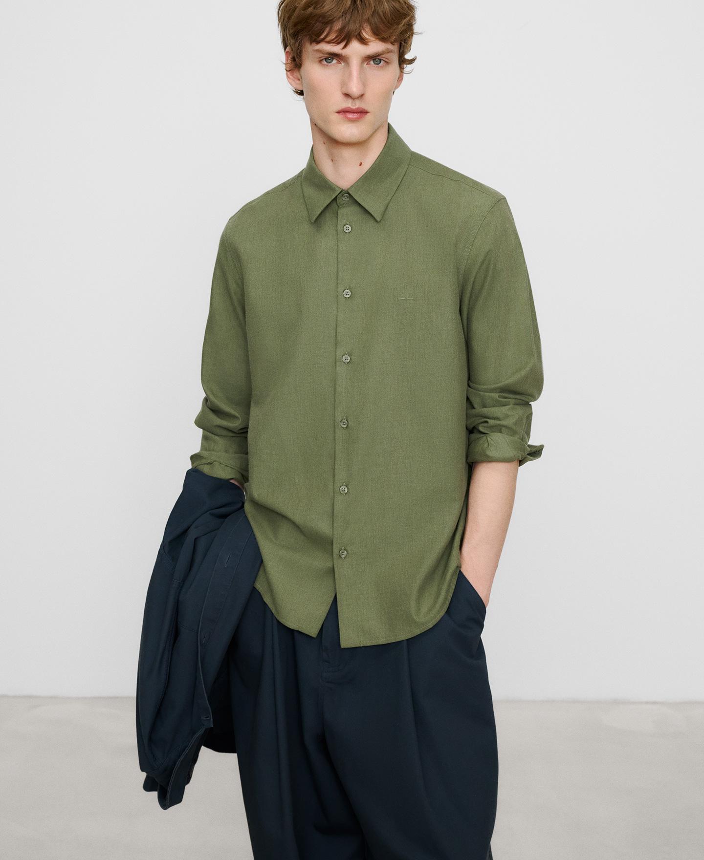 Camisa de hombre regular fit de algodón con cuello italiano - Adolfo Dominguez - Verde Oliva Verde Oliva-1