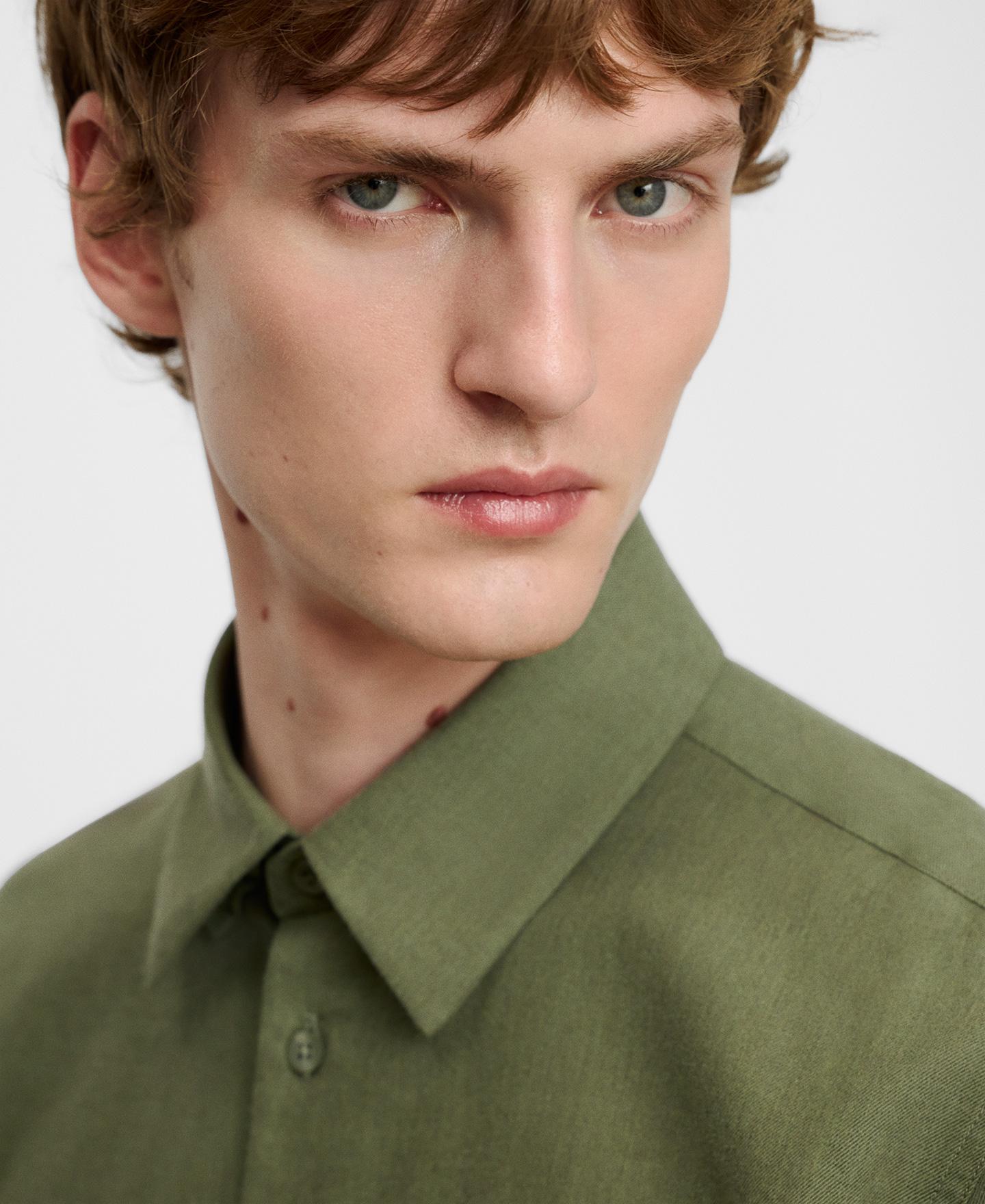 Camisa de hombre regular fit de algodón con cuello italiano - Adolfo Dominguez - Verde Oliva Verde Oliva-4