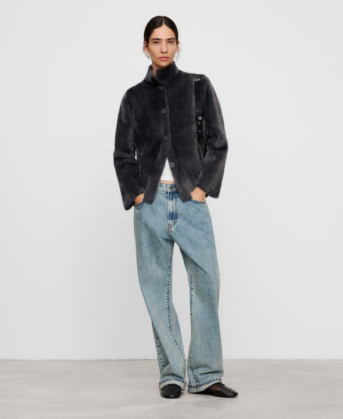 Chaqueta de mujer con cuello perkins y efecto pelo - Adolfo Dominguez - Gris Gris-2