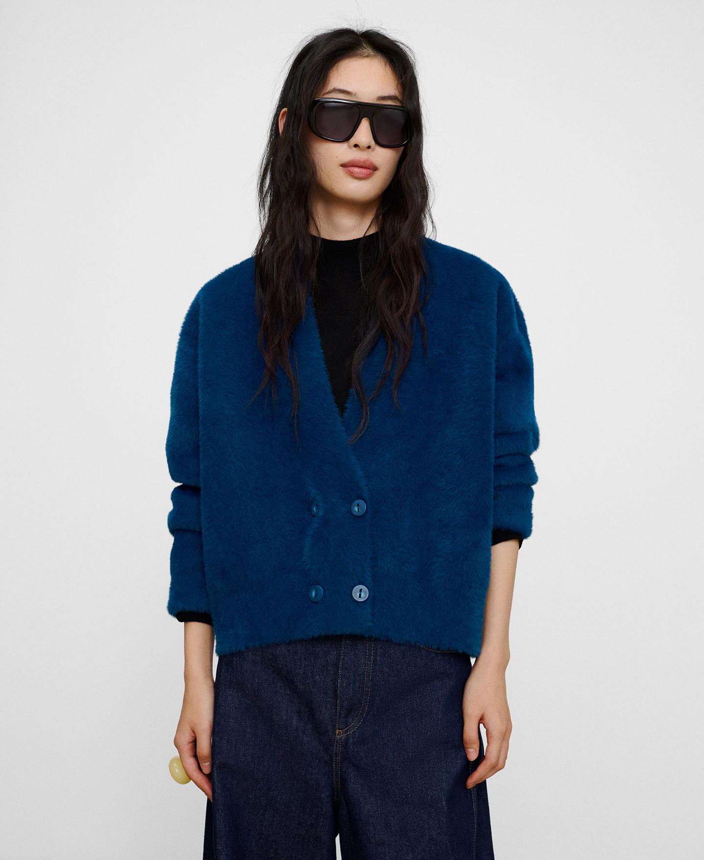 Imagen 0 de Chaqueta cruzada de mujer con efecto pelo Azul