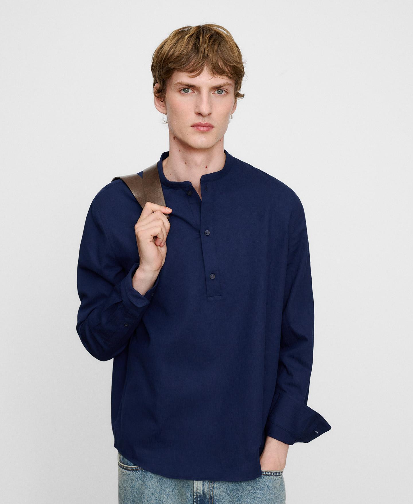 Imagen 0 de Camisa panadera de hombre con cuello mao en algodón Azul oscuro