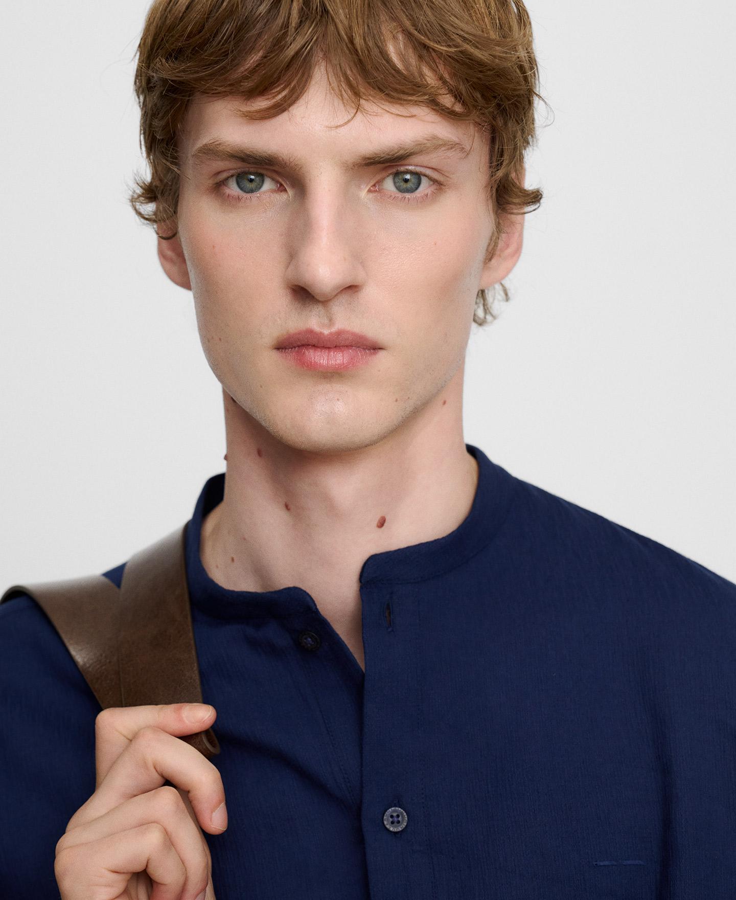 Camisa panadera de hombre con cuello mao en algodón - Adolfo Dominguez - Azul oscuro Azul oscuro-4