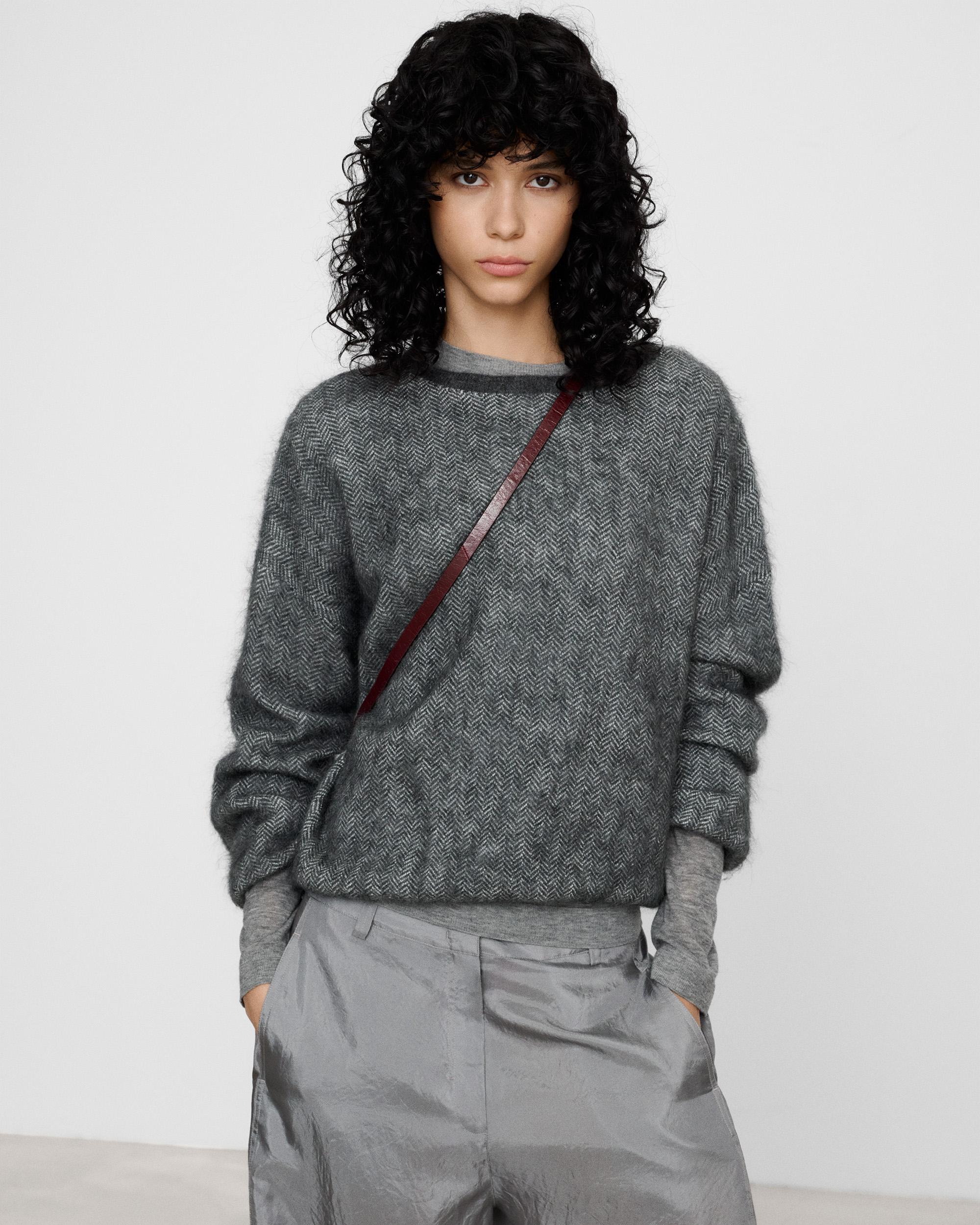Jersey de mujer con mohair jacquard de espiga - Adolfo Dominguez - Blanco / Gris Blanco / Gris-1