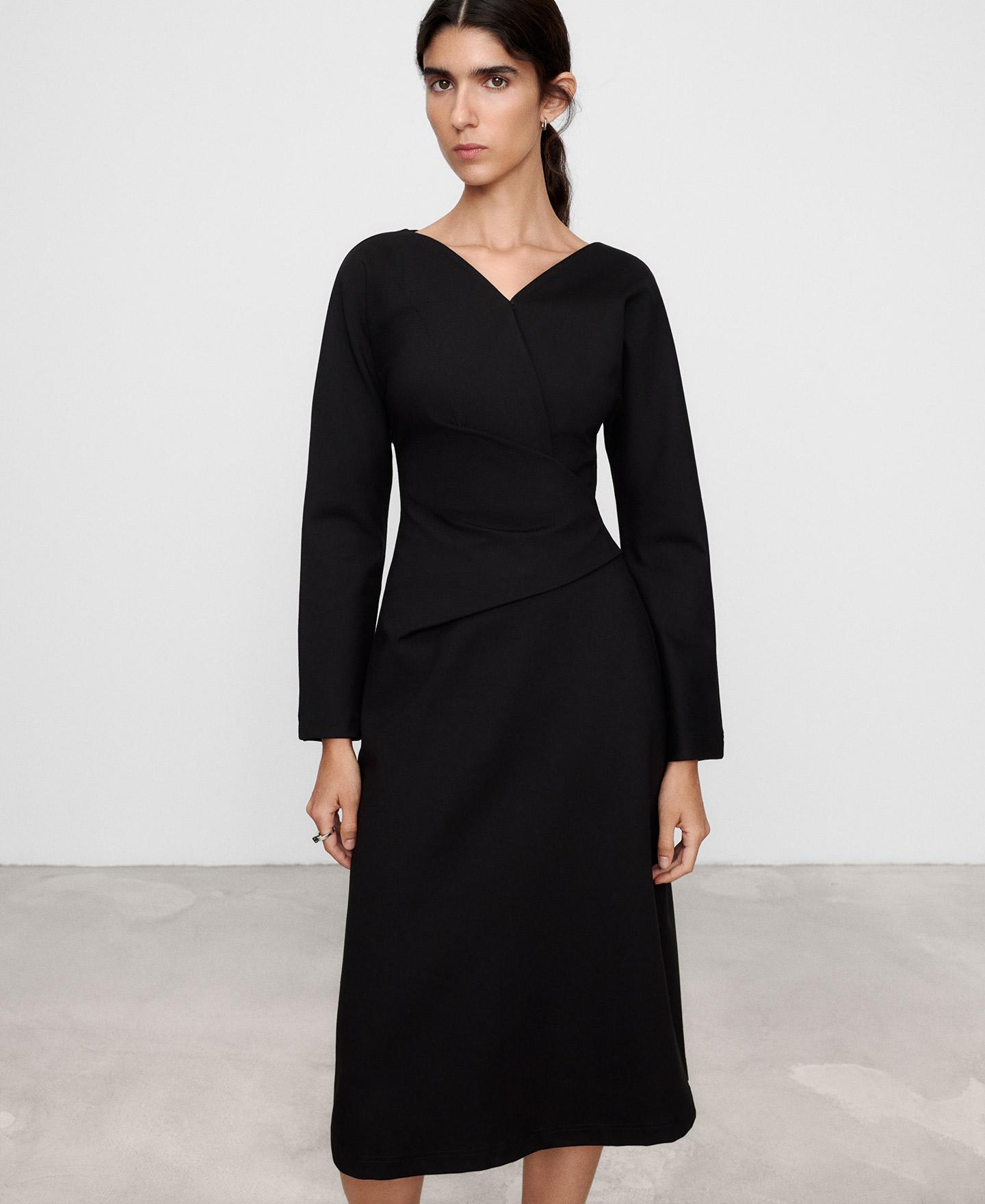 Vestido midi cruzado con cuello pico - Adolfo Dominguez - Negro Negro-1